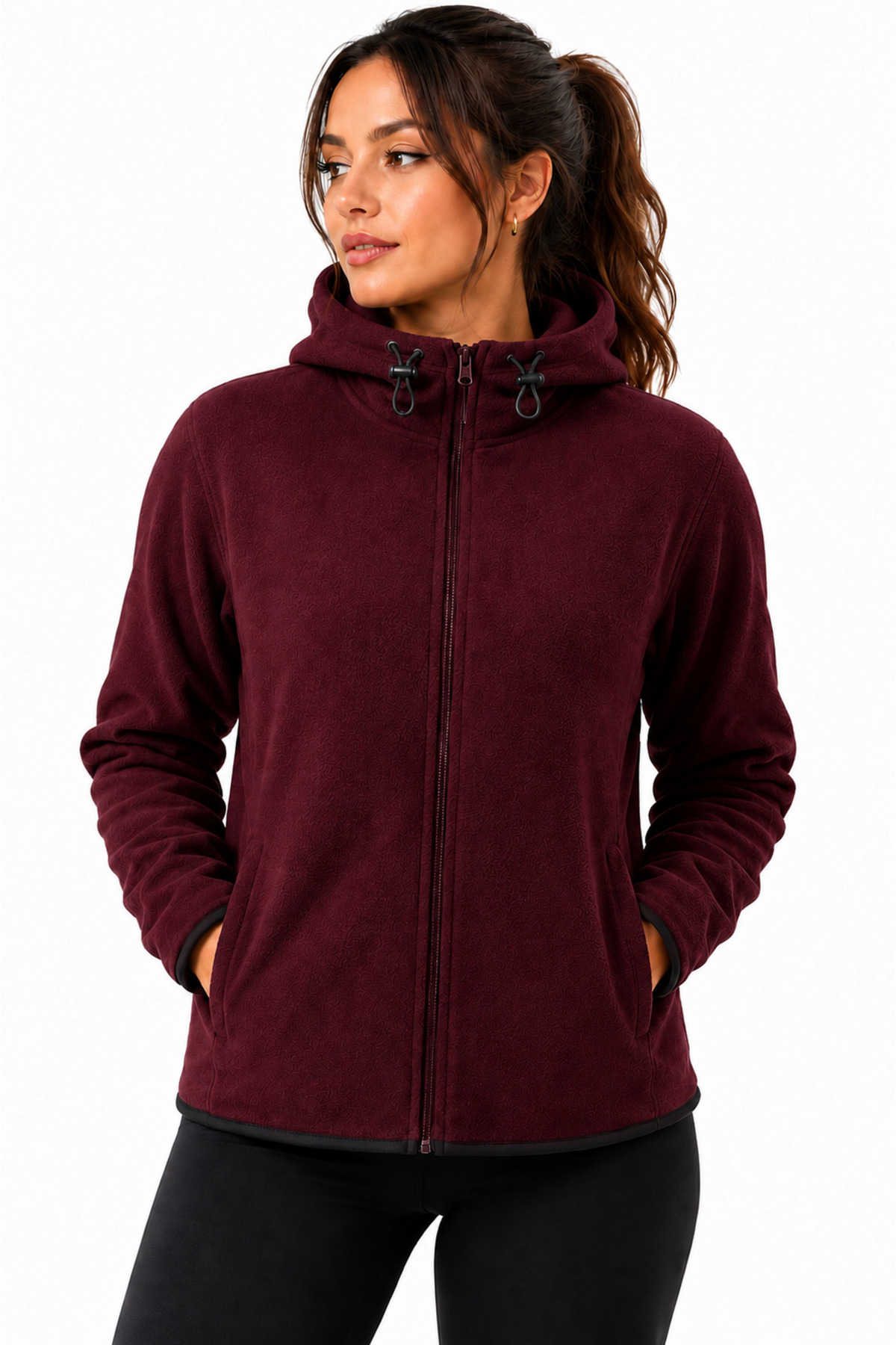 GHASSY CO Kadın Bordo Kapşonlu Fermuarlı Polar Sweatshirt