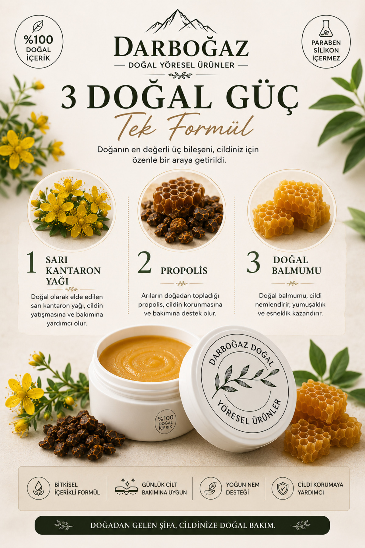 Sarı Kantaron Kremi 50 ml | Propolis ve Doğal Balmumu İçeren Bitkisel Cilt Bakım Kremi | Yoğun Nemlendirici ve Günlük Bakım — 109866511 — تصویر 4 از 9