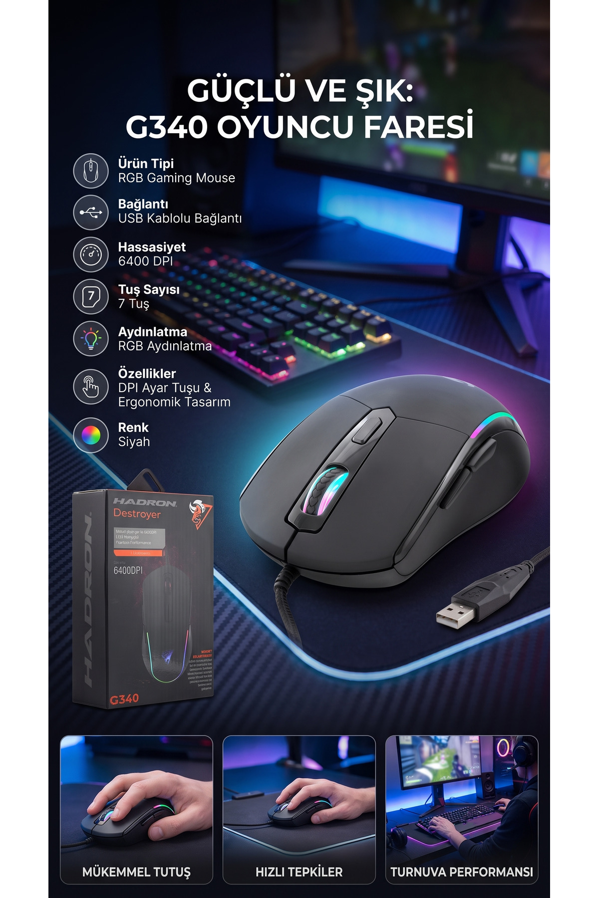Kablolu Oyuncu Mouse | 6400 DPI | RGB LED Işıklı | 6 Tuşlu | Ergonomik Tasarım