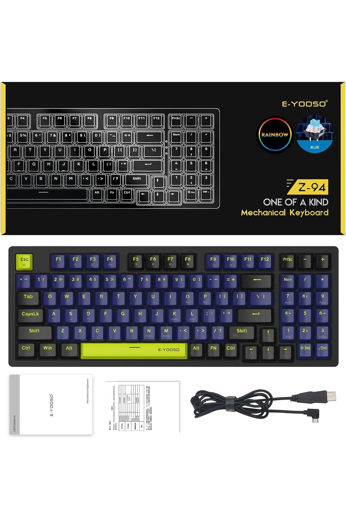e-yooso Blue Switch Z-94 Mekanik Klavye %90 Rainbow Işıklı Oyuncu