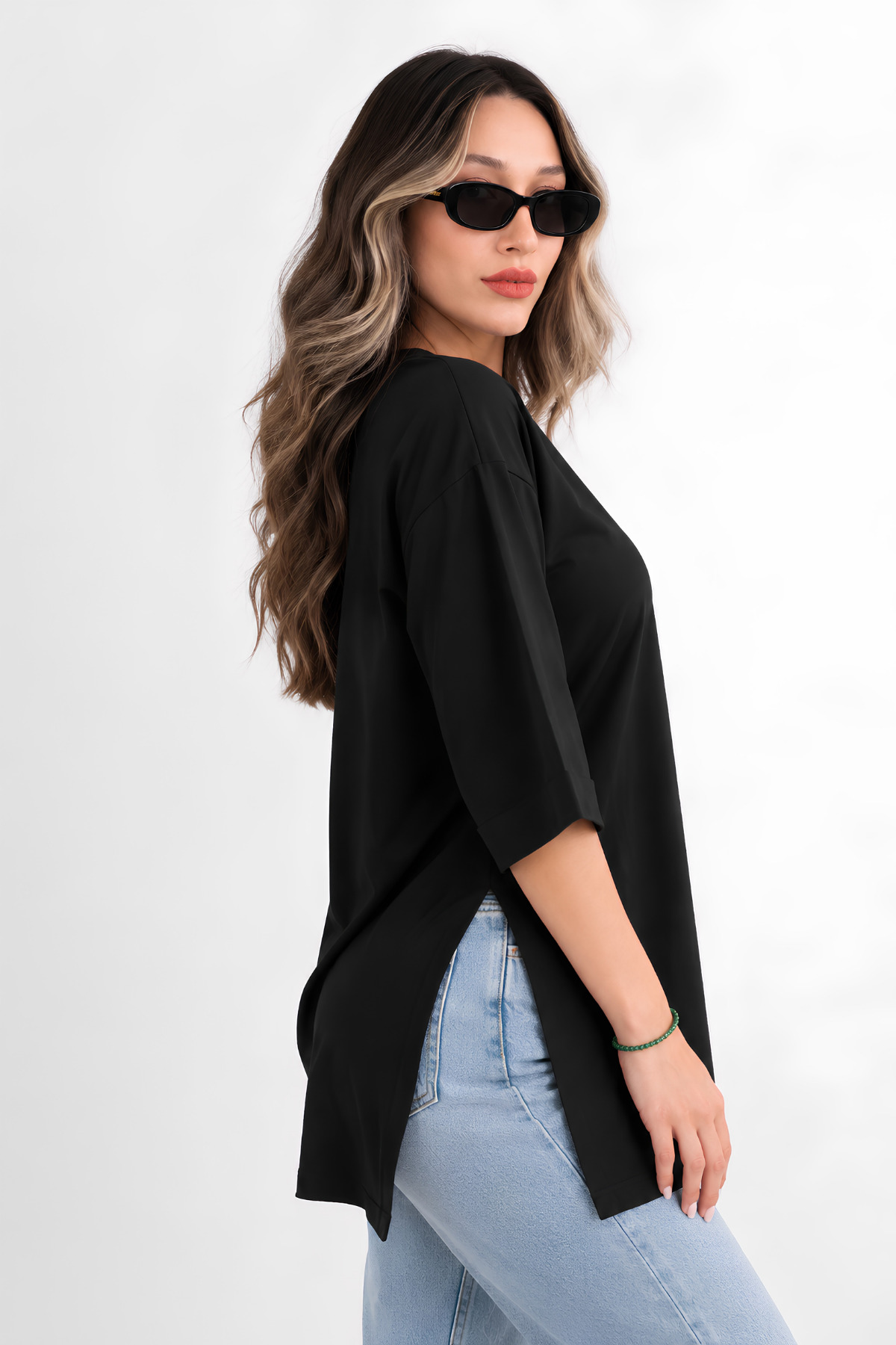 MOVİMENT Siyah Oversize Duble Kol Yandan Yırtmaçlı Uzun T-Shirt | Pamuklu Basic Bisiklet Yaka Süprem Kumaş Günlük Rahat Tişört | Standart Beden Tüm Sezon görsel 2