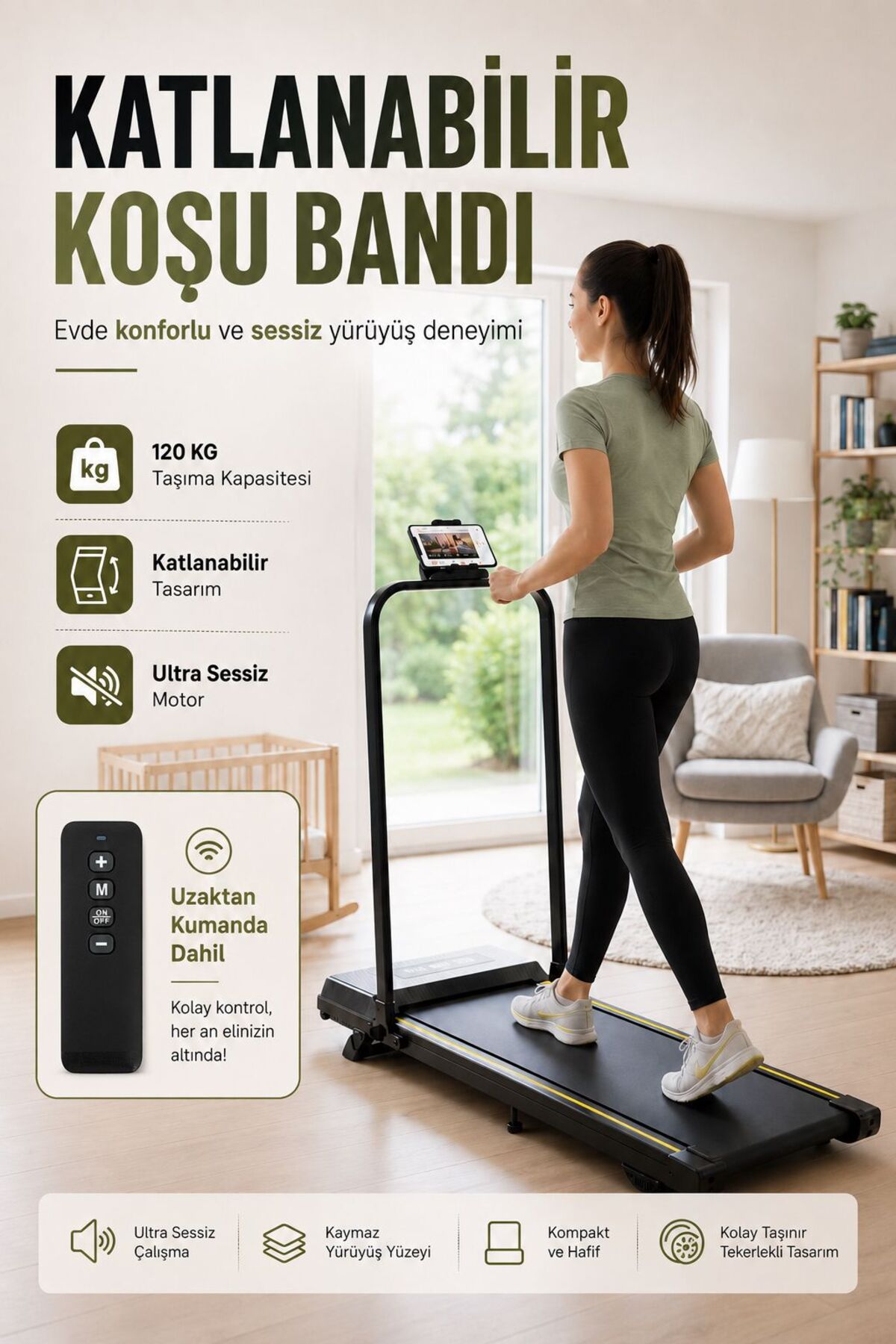 post alley Bluetoothlu Uzaktan Kumandalı Katlanabilir Ev Tipi Yürüyüş ve Koşu Bandı 120 Kg Taşıma Kapasiteli Sessiz Motorlu LED Ekranlı
