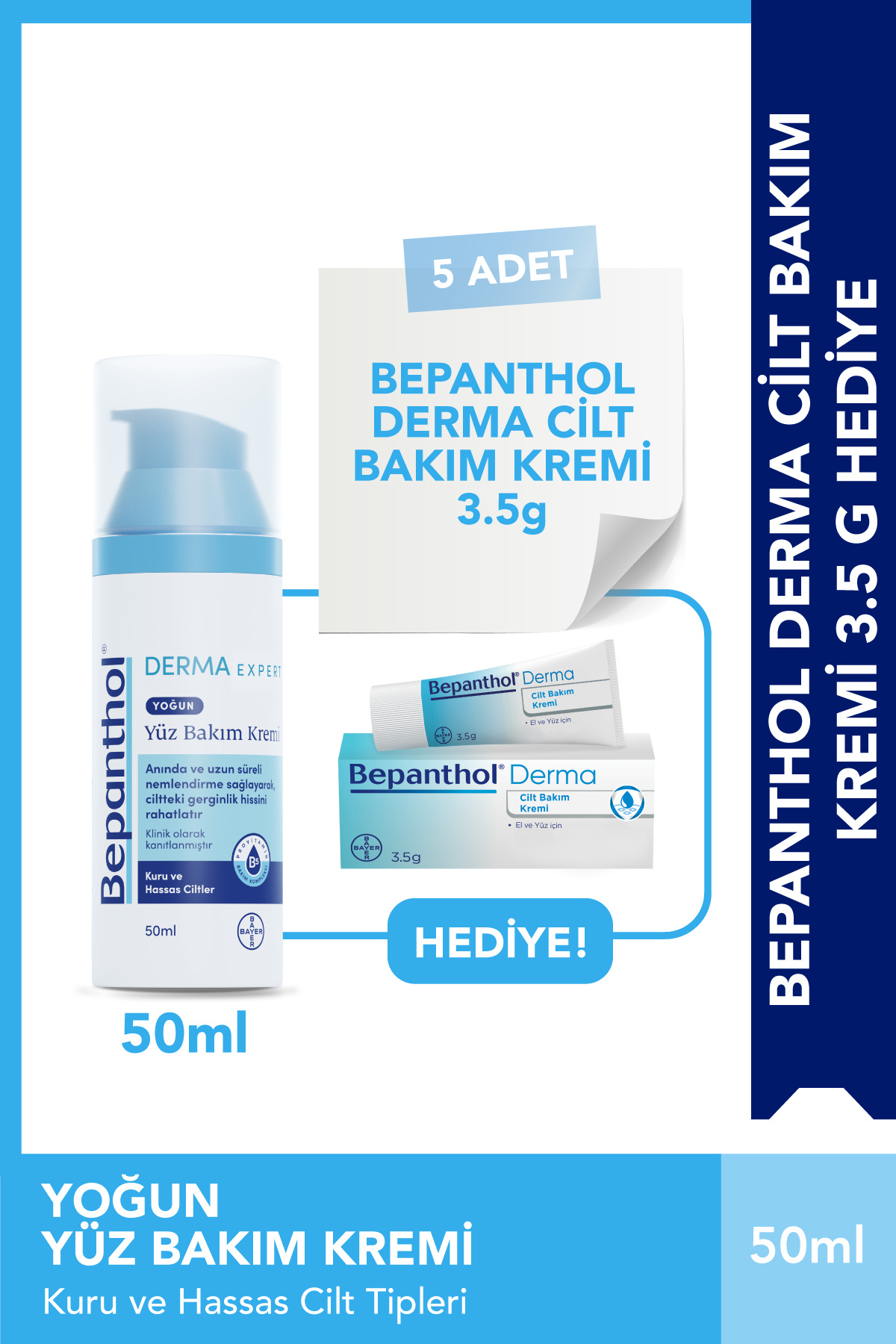 Bepanthol Derma Yoğun Nemlendirici Yüz Bakım Kremi 50 ml + 5 Adet Cilt Bakım Kremi 3.5 G — SET.BPTN.131