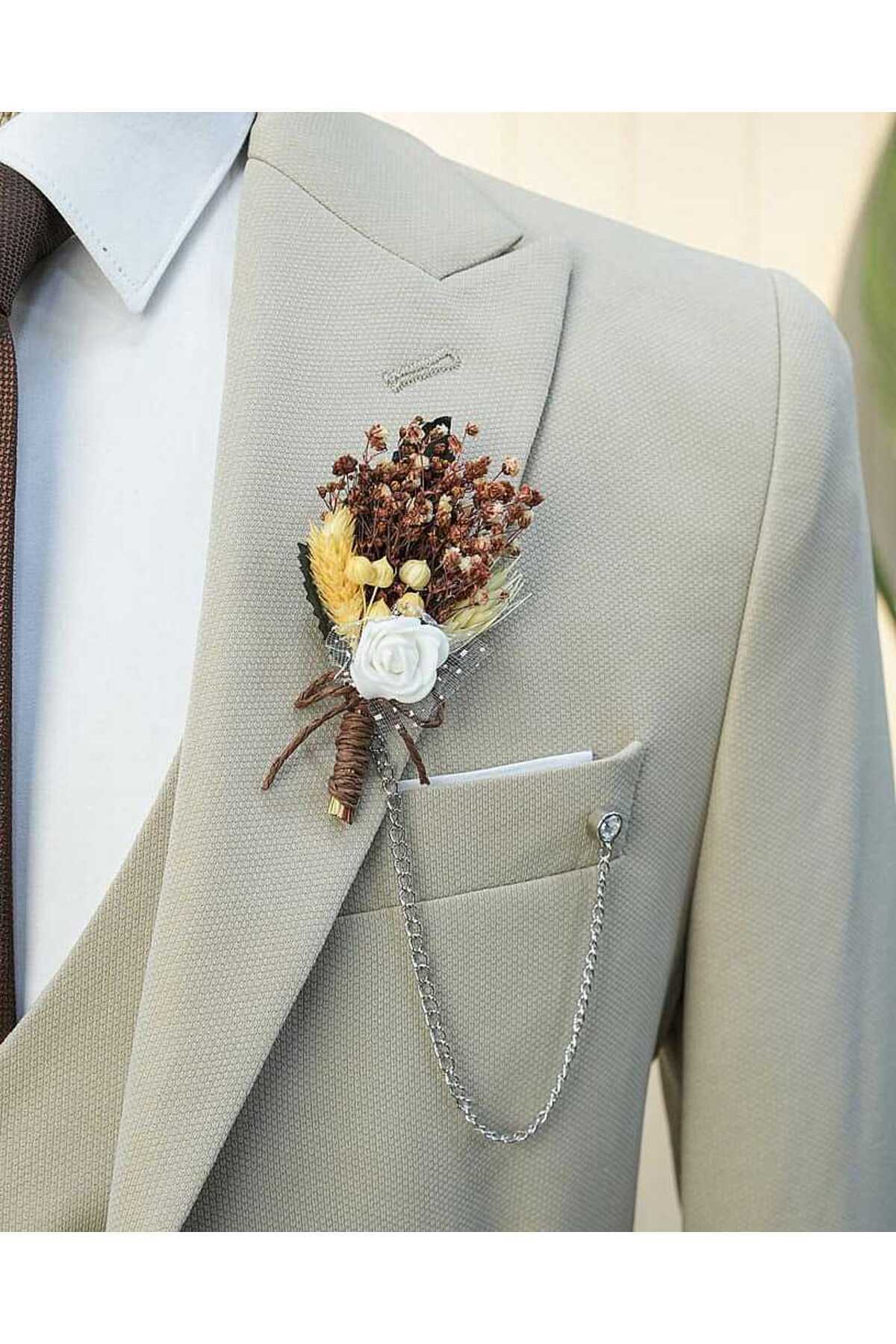 Beystil Sivri Yaka Krem Yelekli Takım Elbise Petek -Slim Fit görsel 4