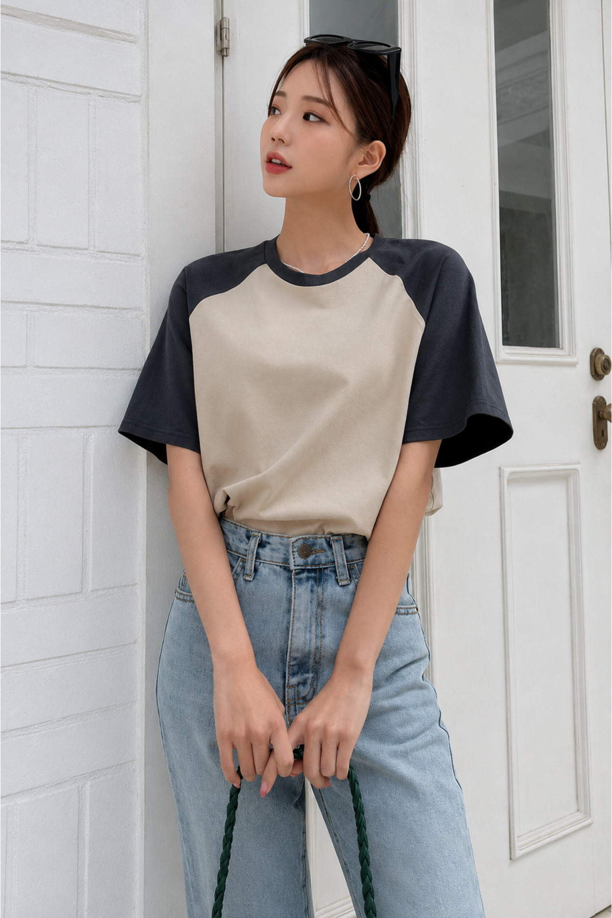 DUBU BUTİK Bej Gövde Füme Reglan Kol T-Shirt - Oversize Bisiklet Yaka Kısa Kol Tişört görsel 5