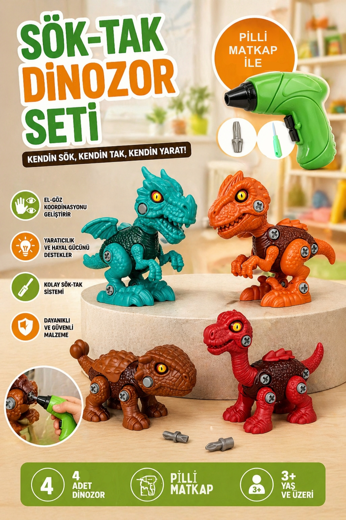 ポコリンセット Penthouse Sök Tak 4'lü 12cm Dinozor Oyuncak Seti Vidalı Montajlı