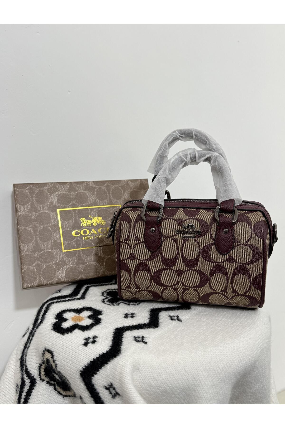 By Coach Mini Boston Bag in Signature Canvas with Maroon Leather 