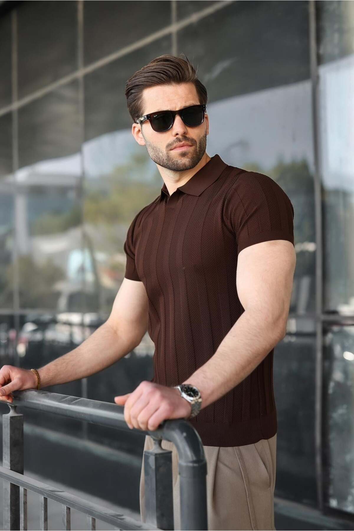 Madmext Brown Slim Fit Polo Collar Knitwear Men's T-Shirt E7491