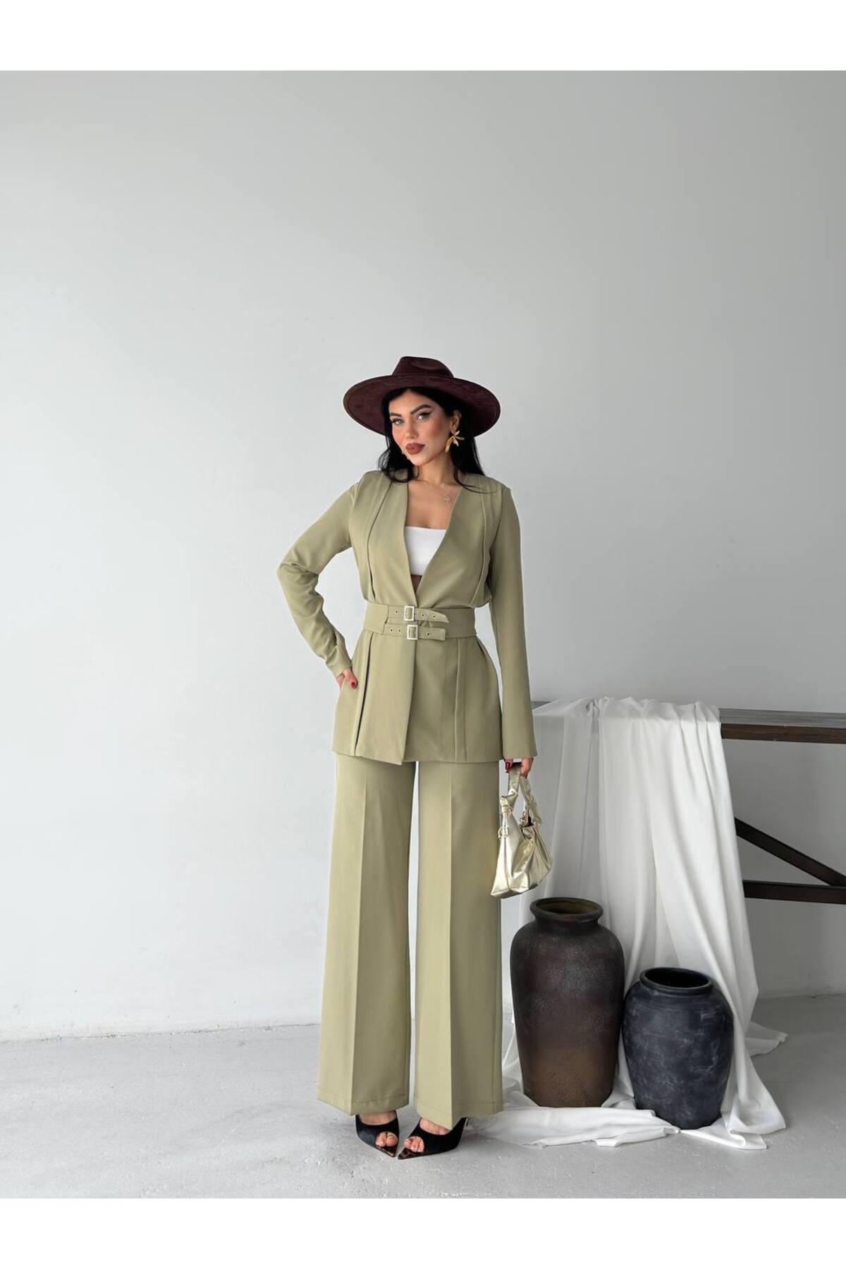Ensemble deux pièces blazer et pantalon ceinturé Premium Fit - Görsel 3
