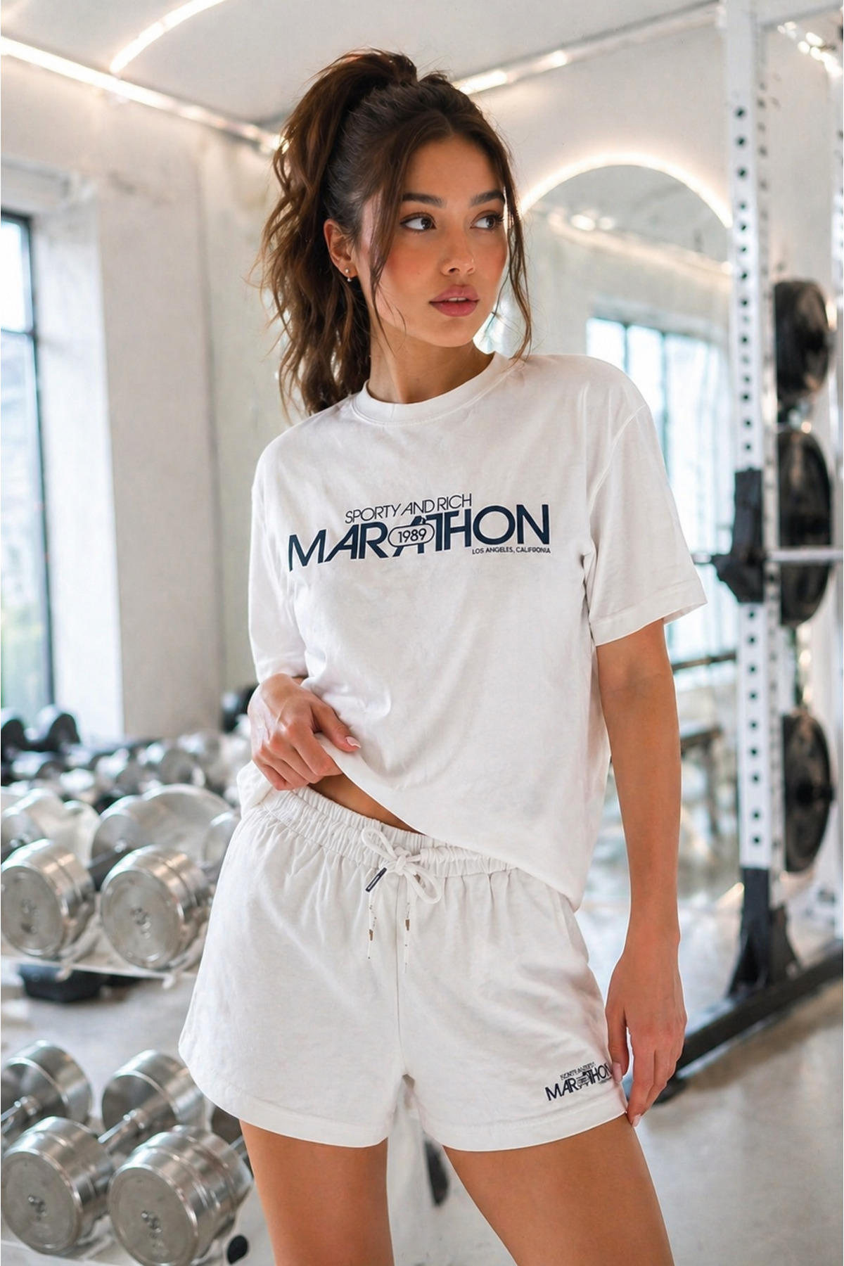 Women's Cotton Sporty&Rich Marathon Short Sleeve Oversized T-Shirt and Shorts Bottom Top Set 2pcs Set