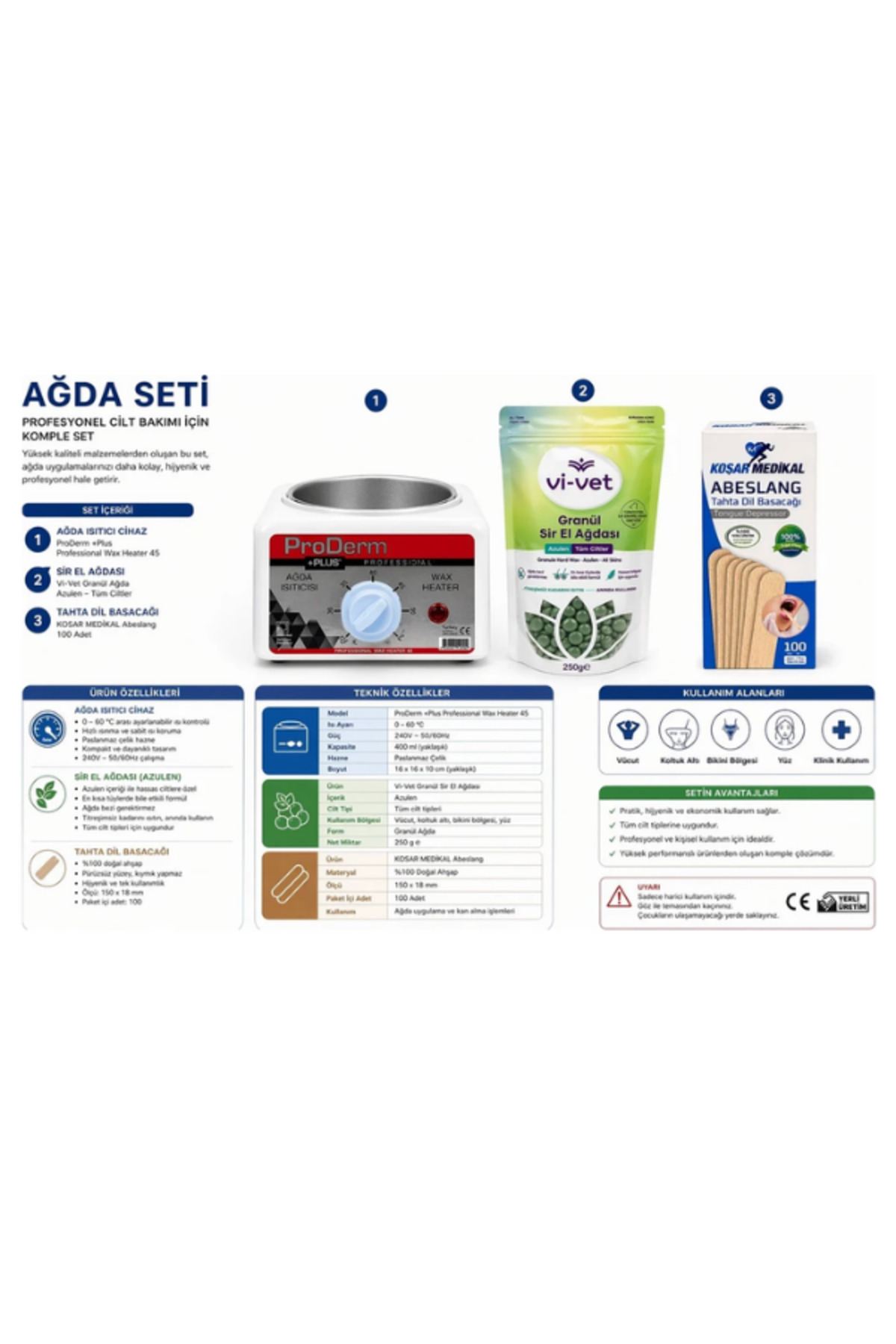 Profesyonel Ağda Seti | ProDerm Ağda Isıtıcı, Azulen Granül Sir Ağda 250g, Spatula 100 Adet | Ev & Salon Kullanımı — AGDA0028001 — تصویر 2 از 2