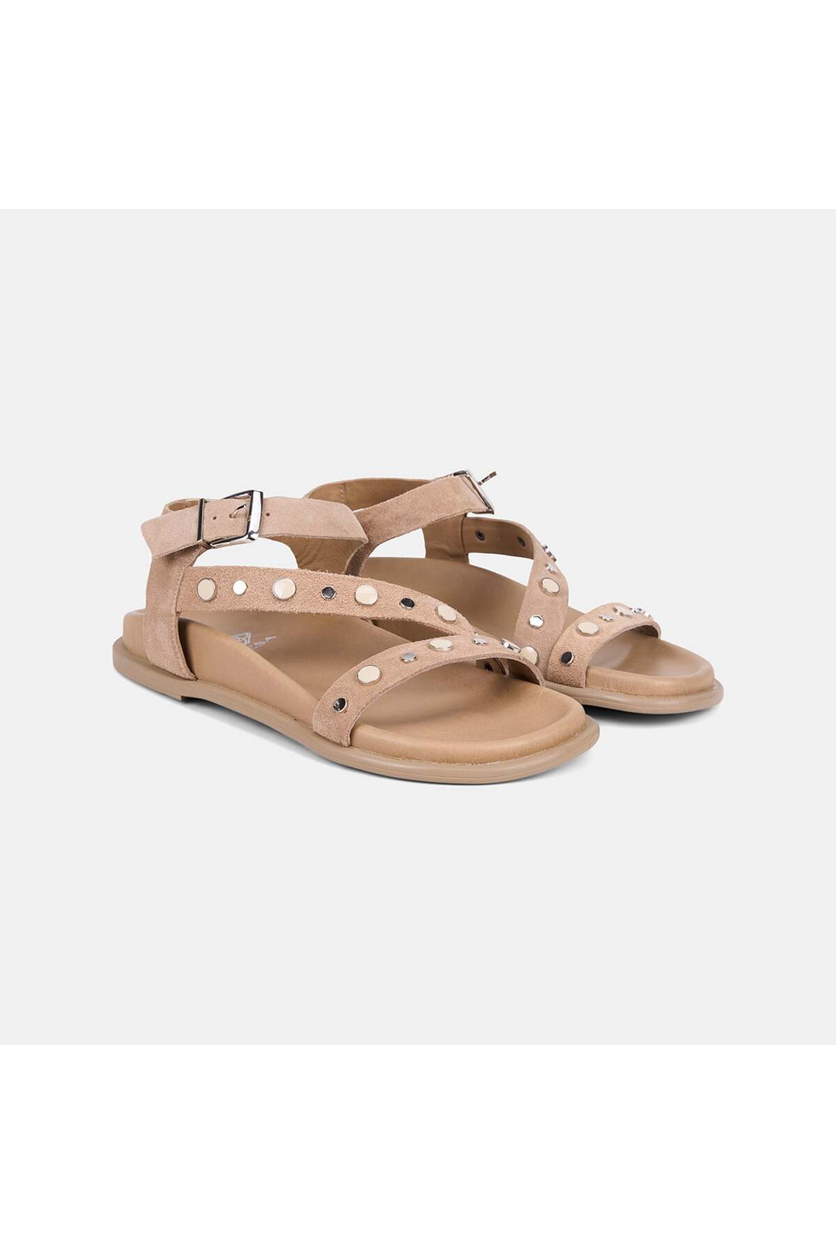 Women's Beige Metal Buckle Staple Detailed Suede Sandals