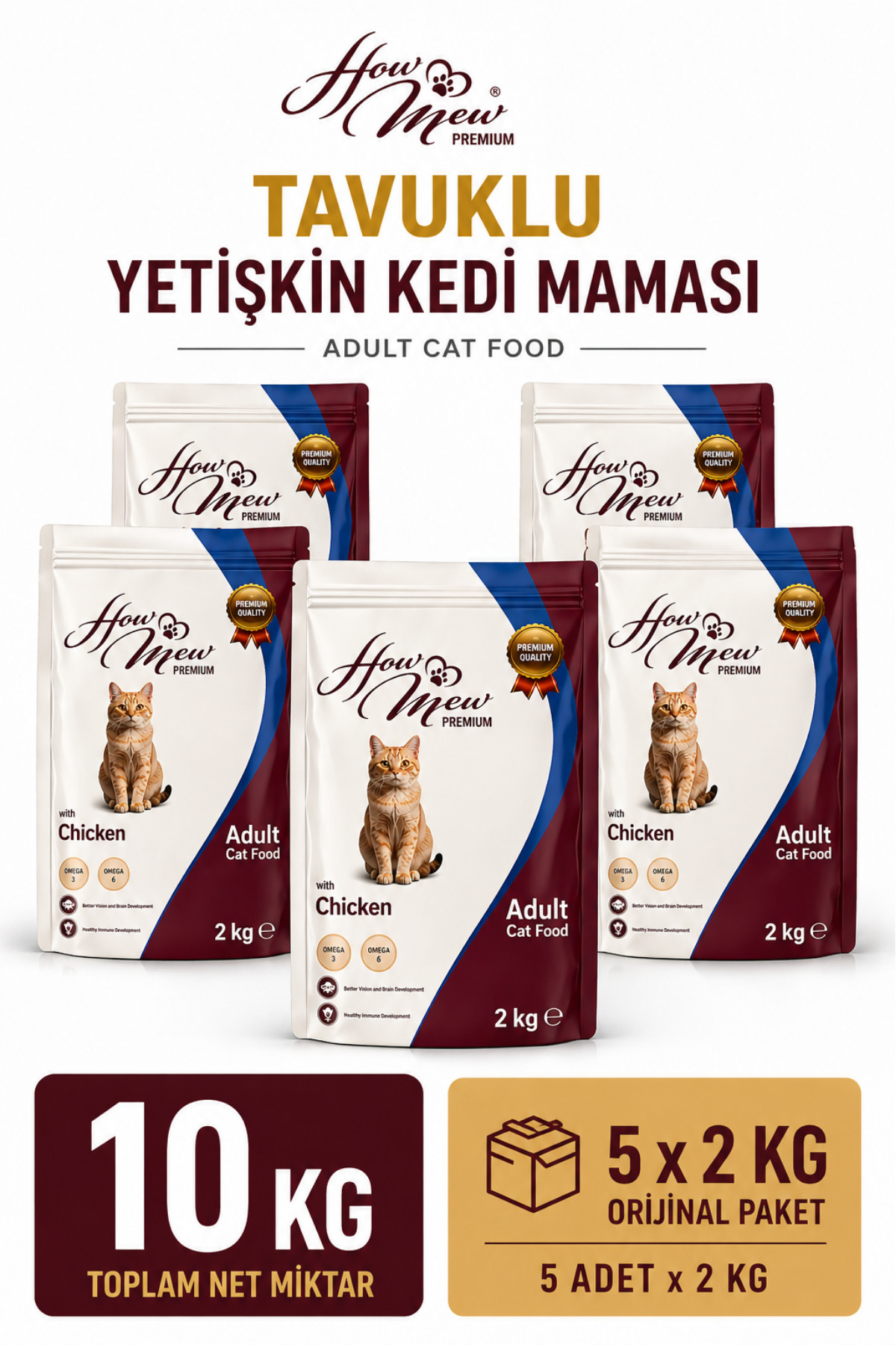 how&meow 10 Kg Tavuklu Yetişkin Kedi Maması 5x2 Kg Orijinal Paket