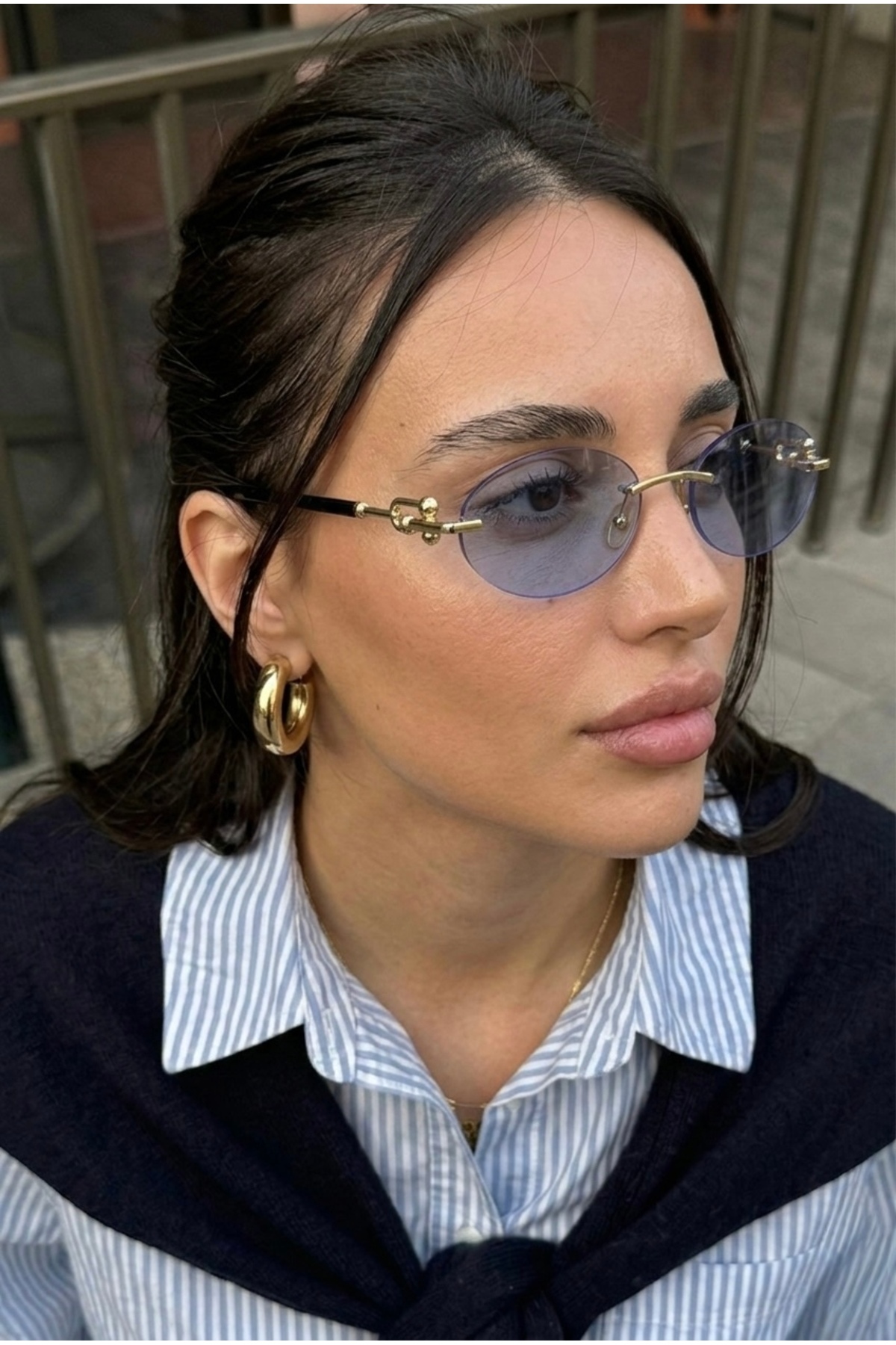 Chunky Frame Cartiess Unisex Elips Mavi Gold Çerçeveli Ultra Hafif Uv400 Filtreli Güneş Gözlüğü görsel 2