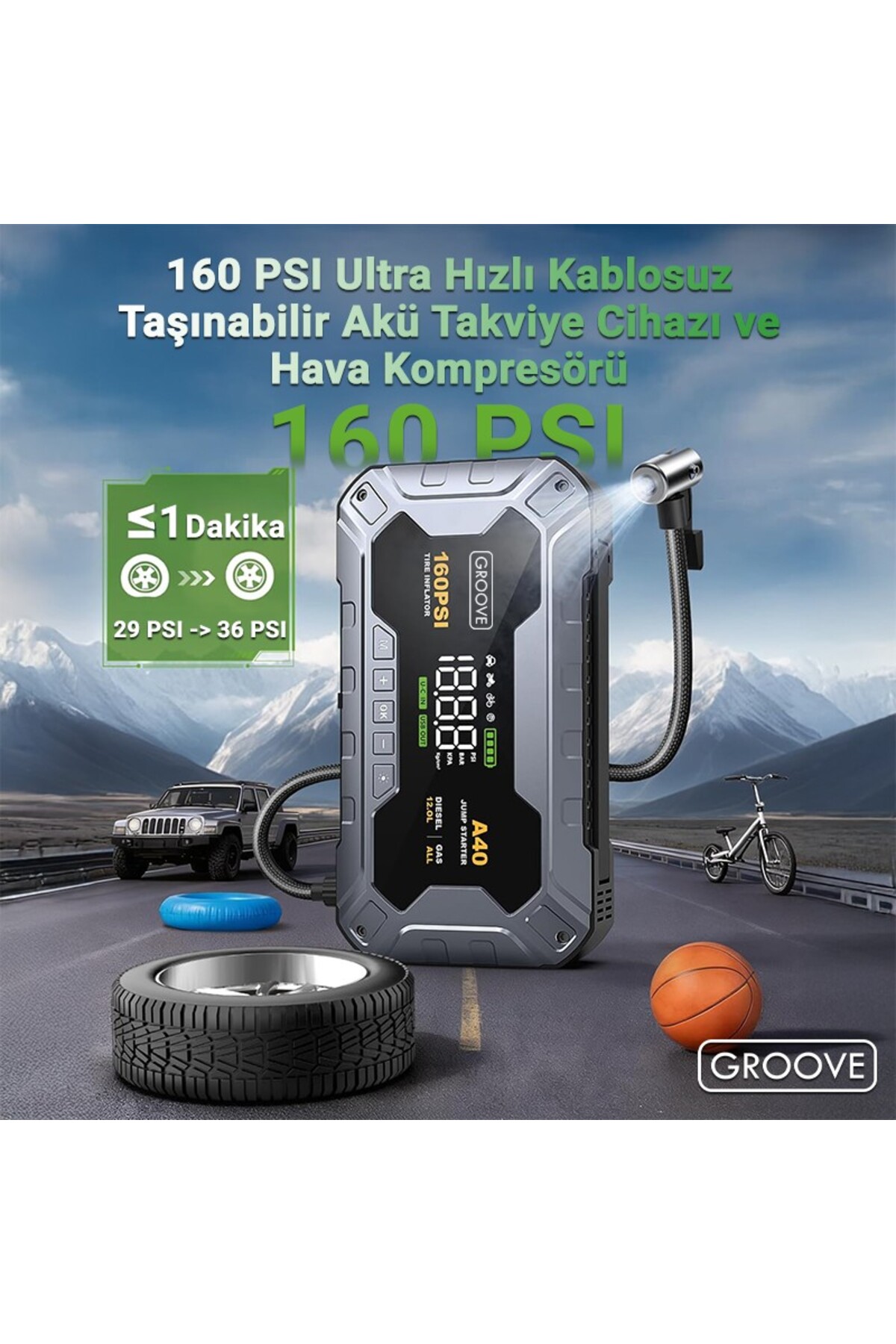 Groove A40 27000mAh 8000A Akü Takviye Cihazı+Lastik Şişirme