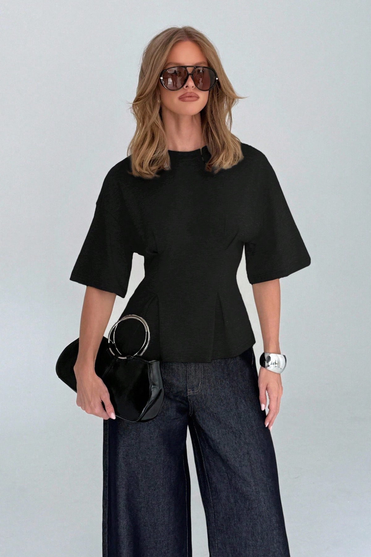 Tarz Cool Women's Oversize Basic T-Shirt with Pleated Detail, Comfortable Cut, Casual Stylish Combination