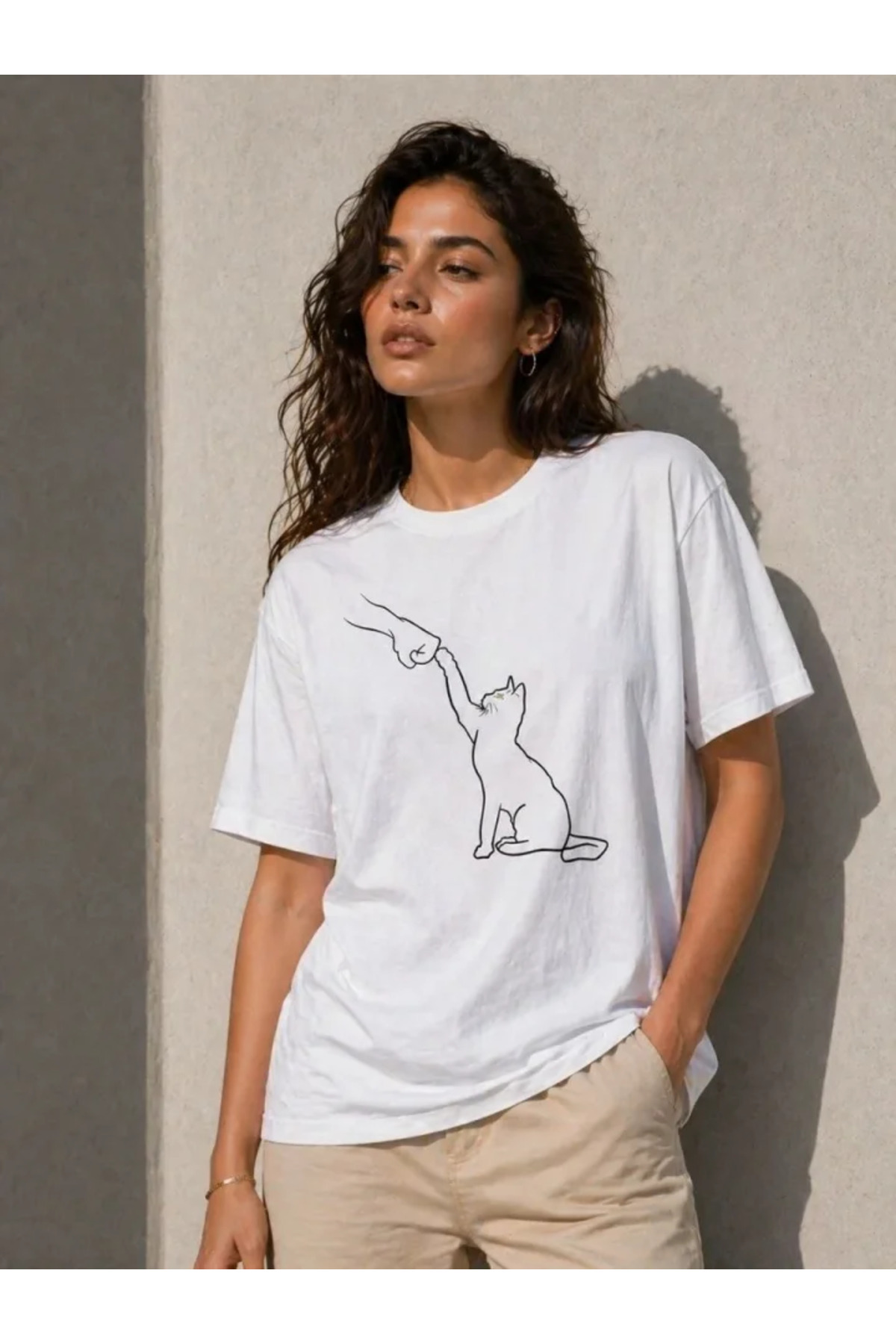 Minimal Kedi Çizim Baskılı Tişört Kısa Kol Yazlık T-Shirt - Beyaz alternatif görünüm