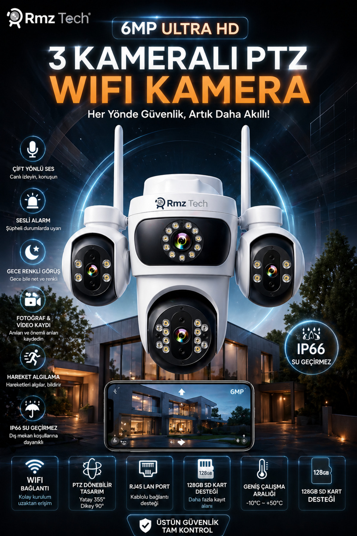 RMZTECH Avenir S323 6MP 3 Kameralı PTZ Wifi Kamera