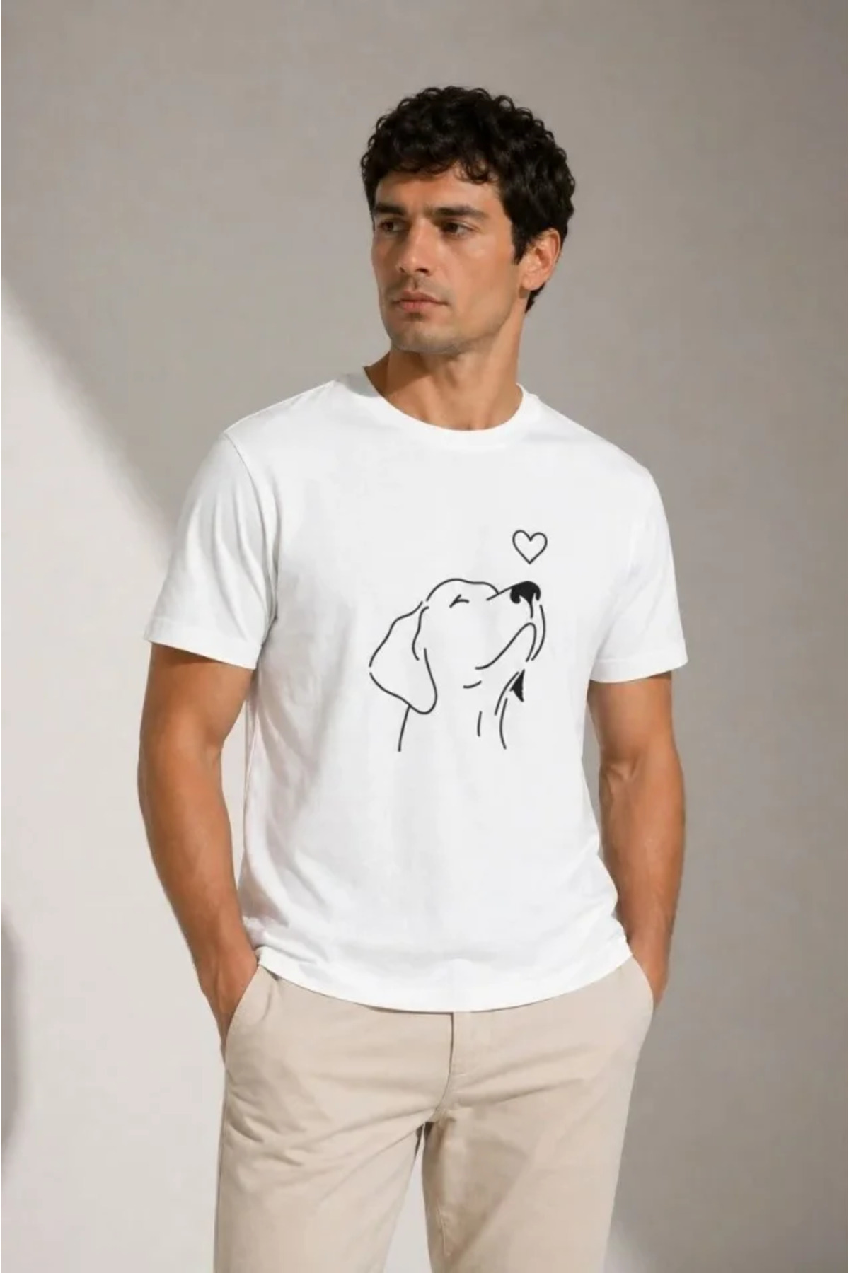Erkek Köpek Figürlü Minimal Baskılı Tişört Kısa Kol Yazlık T-Shirt - Beyaz alternatif görünüm