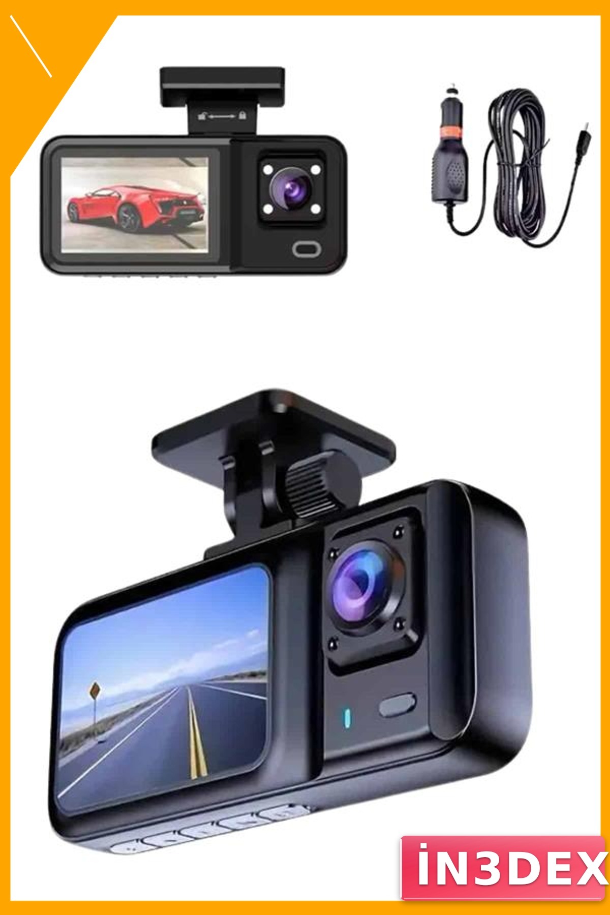 3 Kameralı Araç İçi Kayıt Cihazı 1080P 2 İnç IPS Ekran