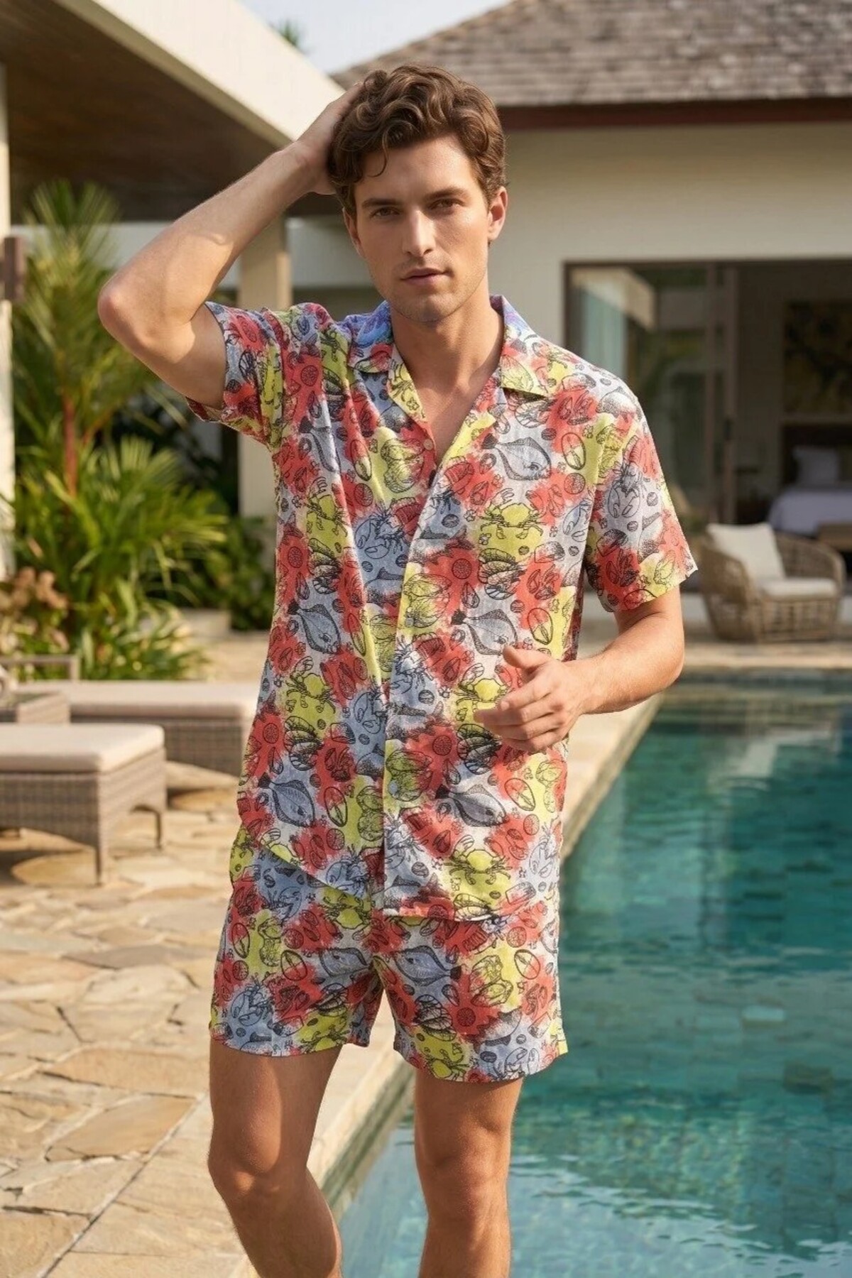 MADZEYMODA Men's Multi-Colored Digital Print Patterned Shirt & Swim Shorts Bottom Top Beach Set Ls-16085/95789