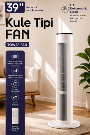 EXENAR Uzaktan kumandalı Kule Tipi Fan 39" 45W | 3 Rüzgar Modlu | LED Dokunma...