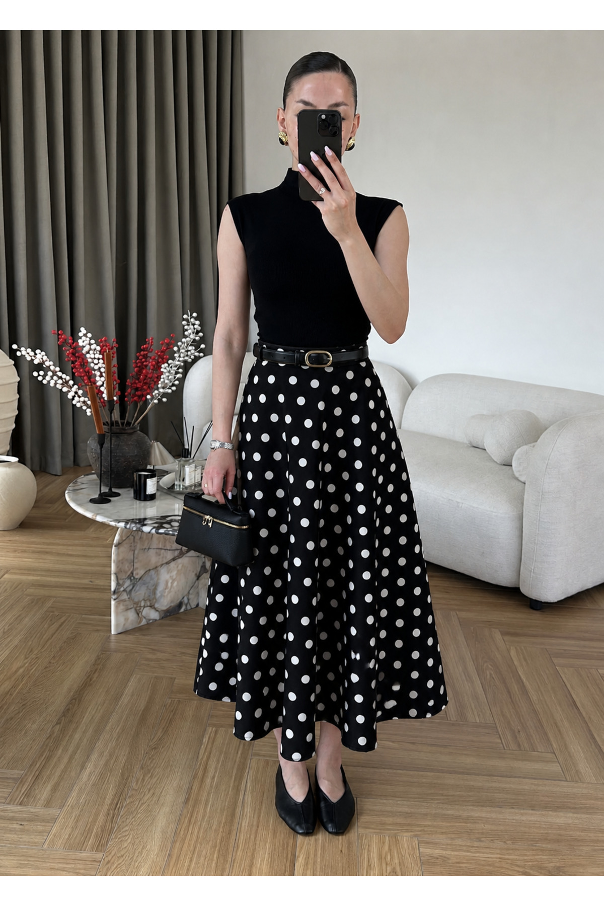 HIGH WAIST POLKA DOT DETAILED FULL SATIN FABRIC WRIST LENGTH LONG FLARED SKIRT DE32010