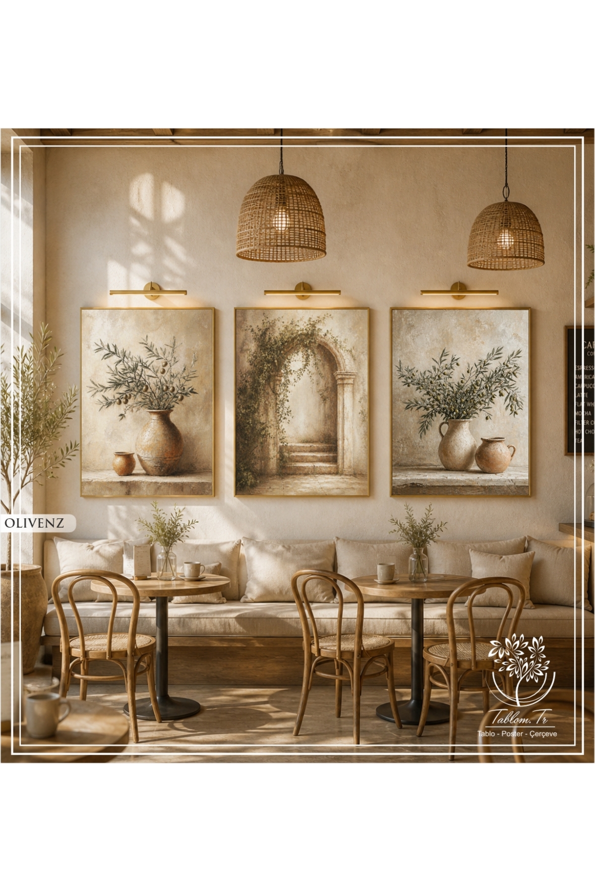 Olivenz - 3-Piece Decorative Painting with Digital Printed Gold Metal Frame and Real Glass