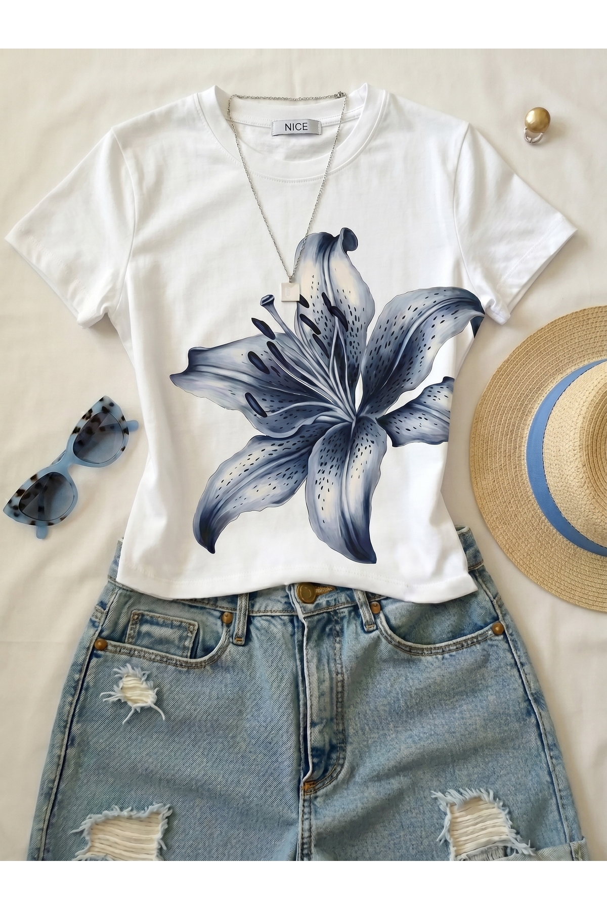 NİCE  Kadın Büyük Çiçek Baskılı - Likralı Kısa Kol Body Tee Crop