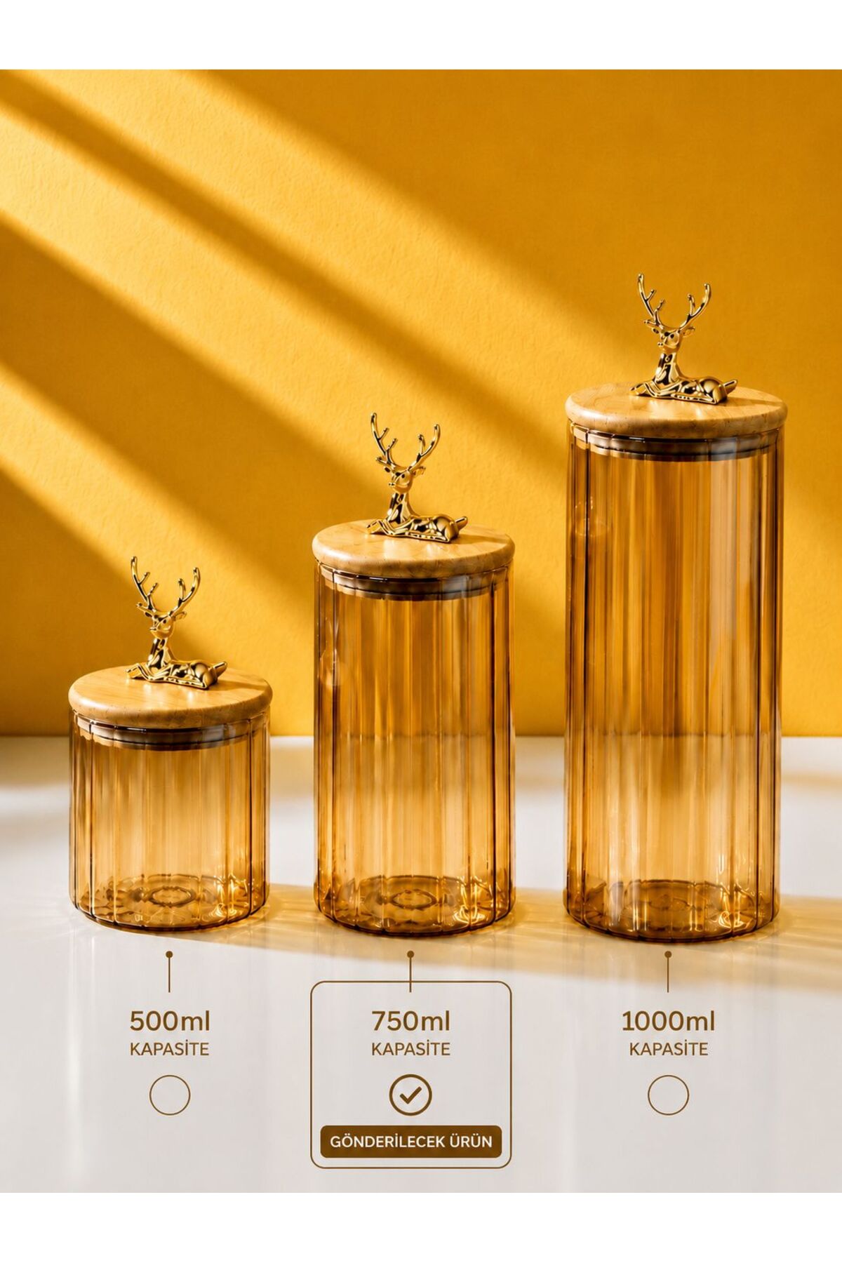 Bamboo Gold Deer Lid Amber Color Cylinder Striped Jar | 1 Piece - 750ml (MEDIUM SIZE)
