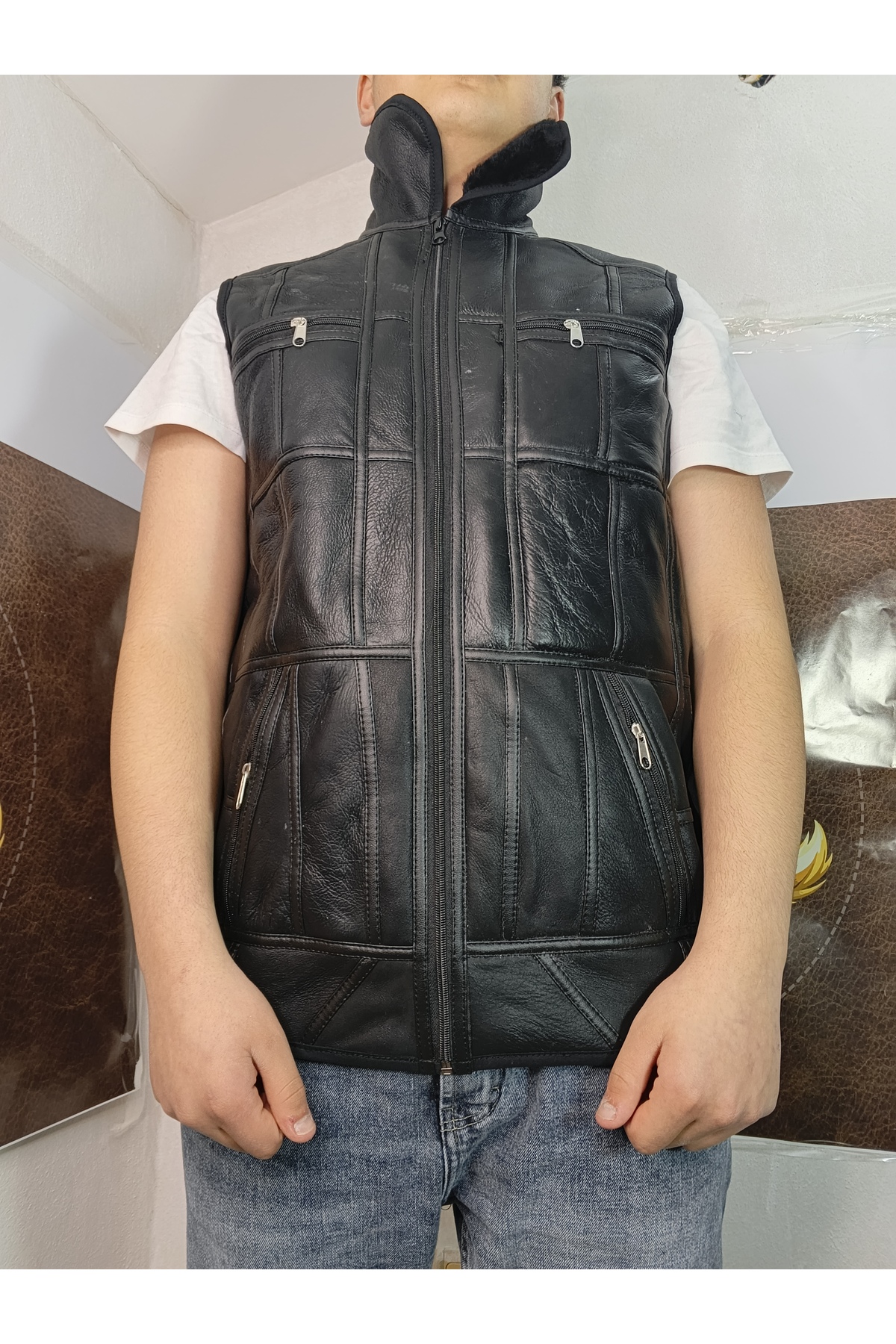 hoaryage Erkek PatchWork İçi Kürk, Dışı Hakiki Deri Koyun Yünü Yakalı Biye ve Triko Detaylı Yelek görsel 5