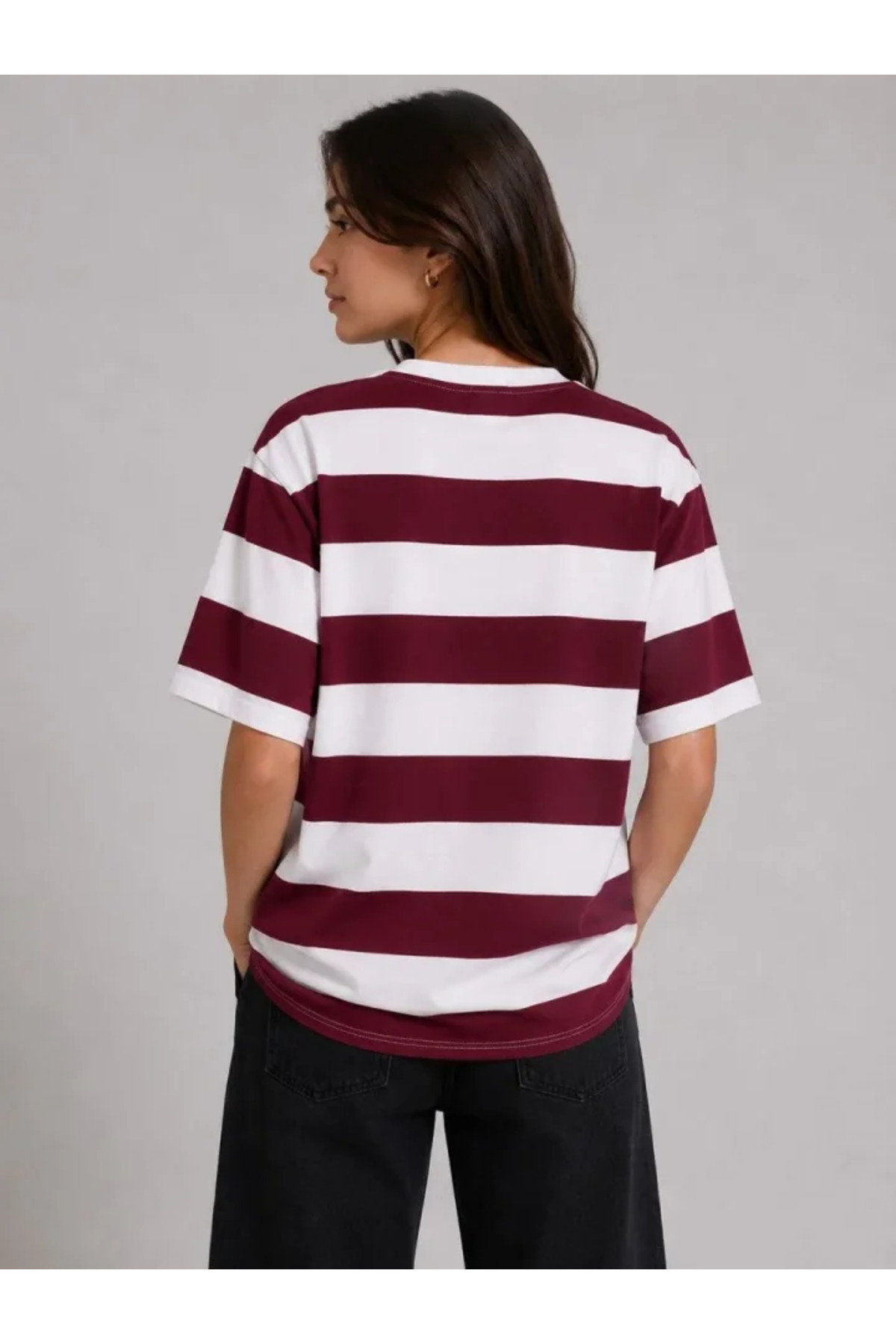 Çizgili Oversize Tişört Bisiklet Yaka Kısa Kol Yazlık T-Shirt - Bordo alternatif görünüm