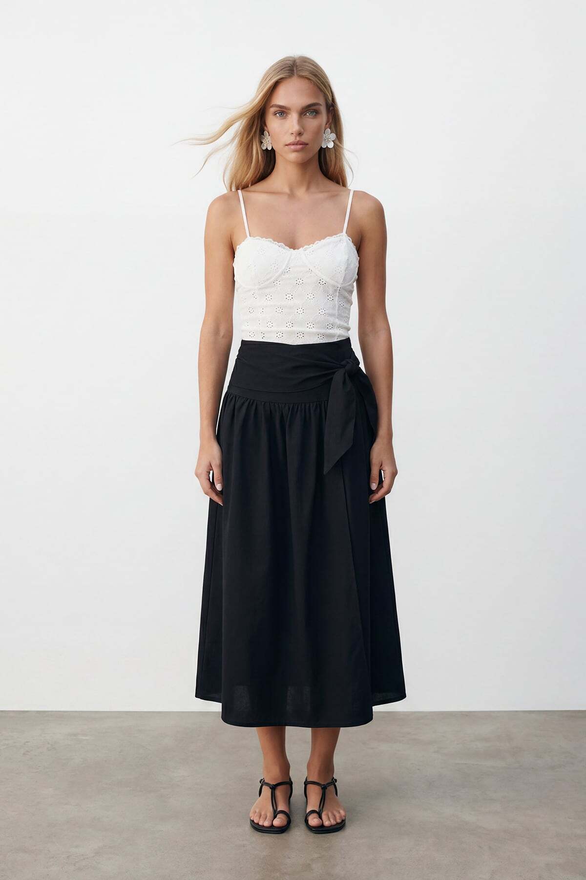 Women's Black Waist Tie Zipper Lined Midi Poplin Skirt Alc-X15519