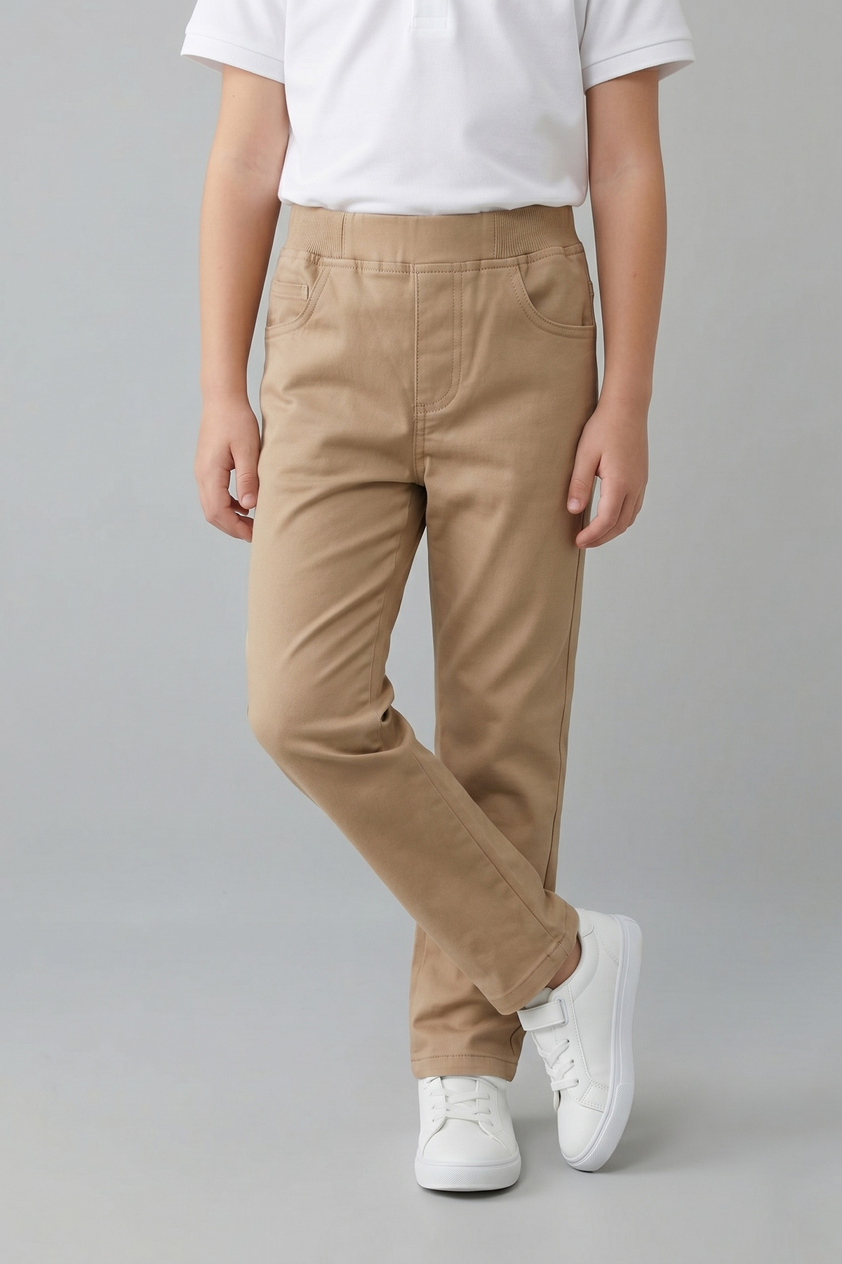 Boys Camel Rib Waist Canvas School Pants - School with Pockets and Daily Use