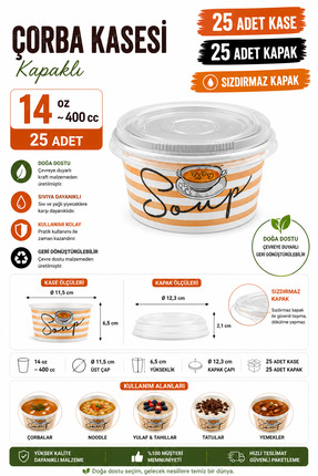 OPTİMEX 14 Oz Çorba Kasesi Kapaklı 25 Adet – 400 cc Karton Çorba Kasesi Sızdı...