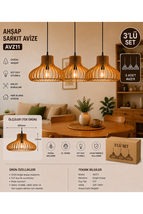 avizon 3’lü Ahşap Sarkıt Avize AVZ11 Modern Dekoratif E27 Uyumlu Avize Seti