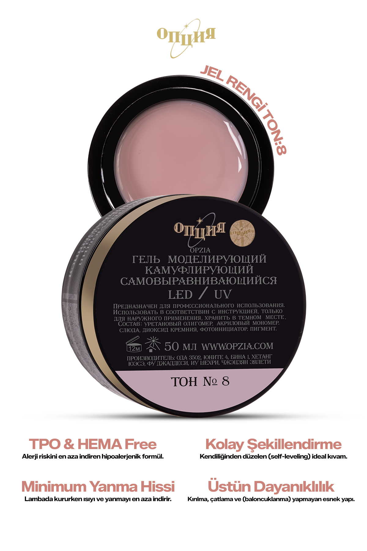 Opzia Builder Jel Protez Tırnak Jeli 50ml TPO&HEMA FREE - No:08