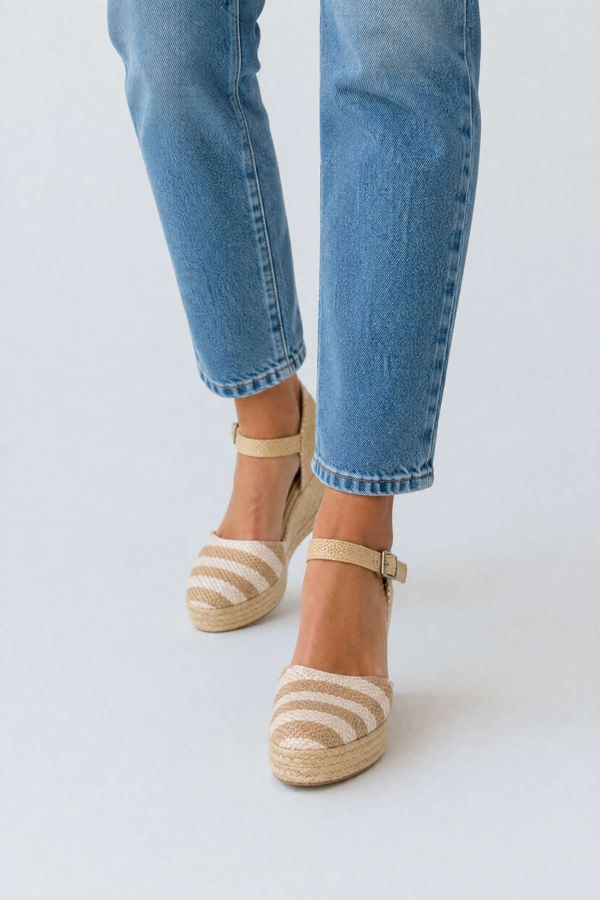 Y&D Shoes Doğal Hasır Çizgili Dolgu Topuk Espadril görsel 4