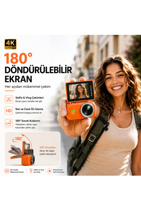 TARÇIN Viora 4K Aksiyon Kamerası Mini 180° Döner Ekran WiFi App Geniş Açı Taş...