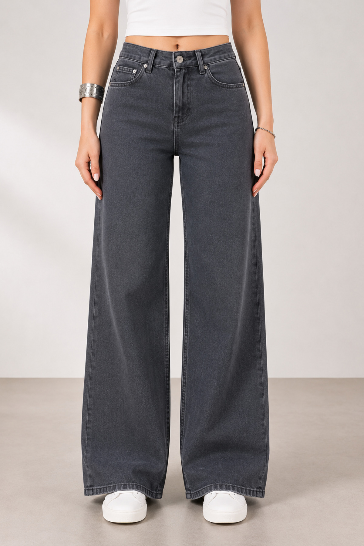 Lighter Jeans  Füme Wide Leg Palazzo Jean Kadın Pantolon Yüksek Bel Likralı Bol Paça Denim Jean