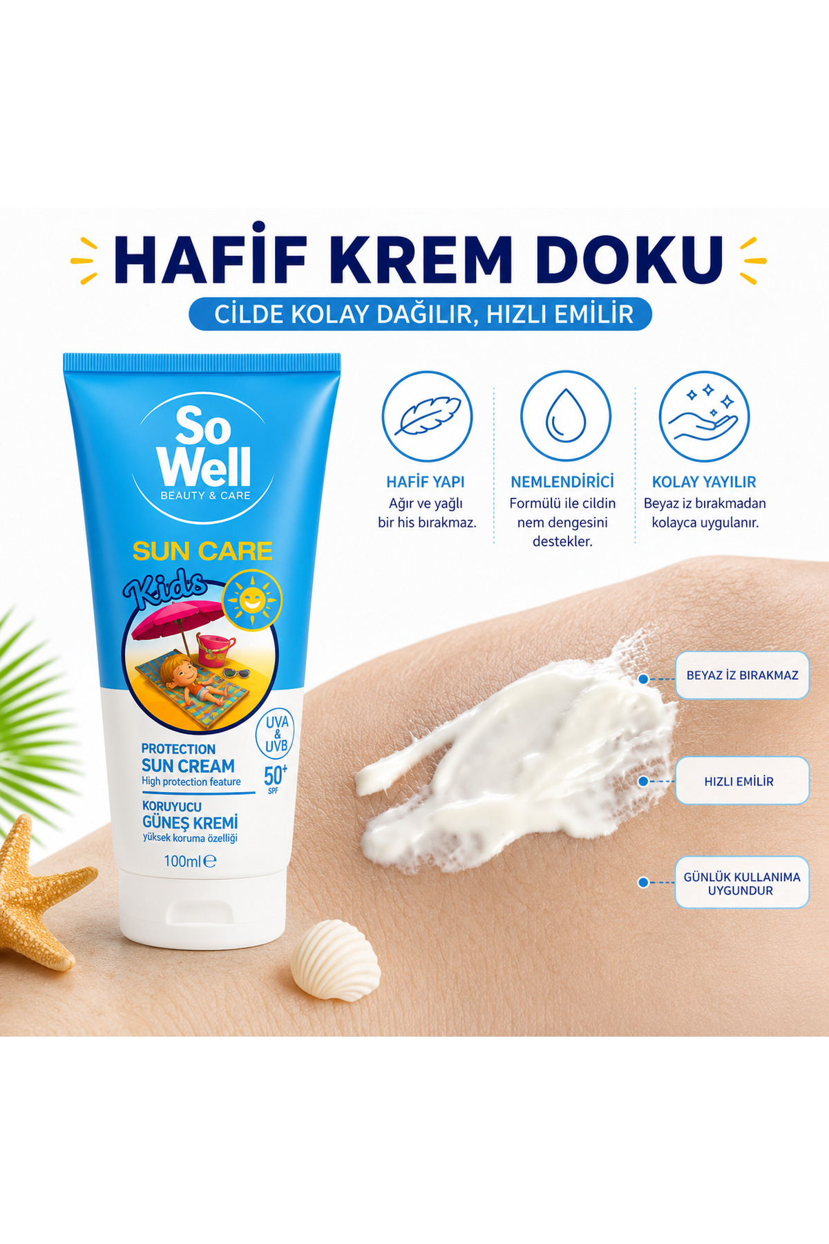 Sun Care Kids SPF 50+ Çocuk Güneş Kremi UVA & UVB Korumaya Yardımcı 100 ml — sw-ksc-100 — تصویر 3 از 6