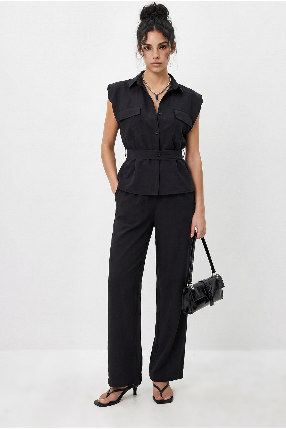 Women's Padded Belt Detailed Pocket Vest Elastic Waist Pocket Modal Set 7502 60286137