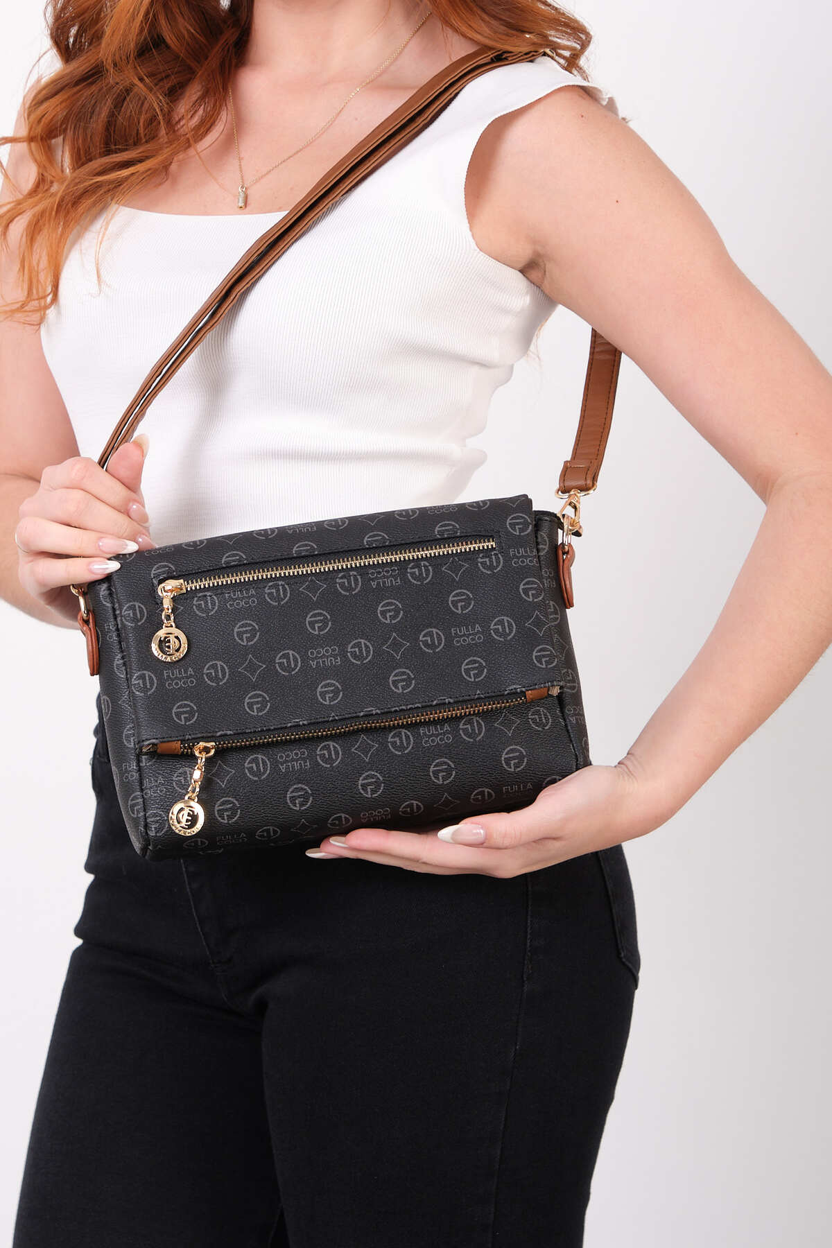 Fulla Coco Women's Four Compartment Adjustable Tan Strap Monogram Portfolio Crossbody Shoulder Bag