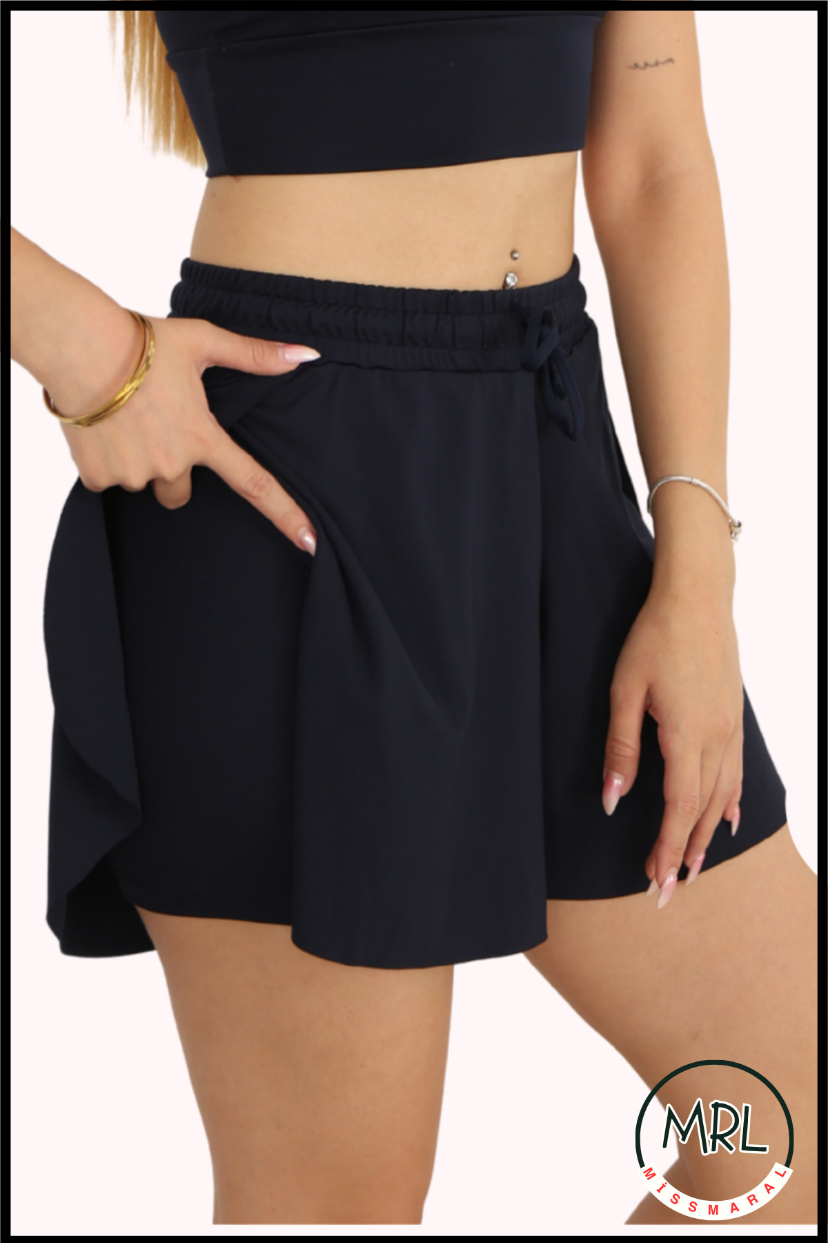 Women's Navy Blue Shorts Bikini Bottom Pocket Elastic Lace-up and Side Slit