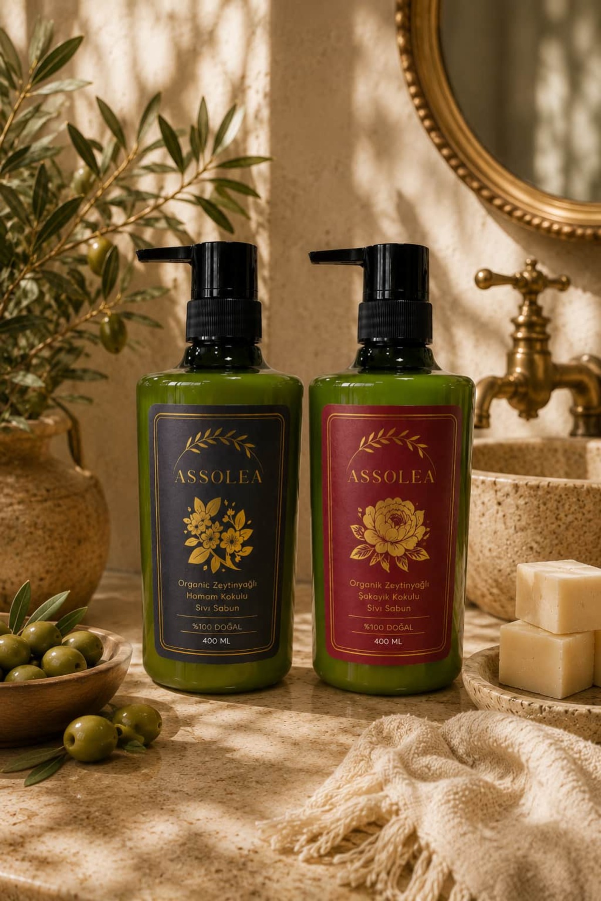 ASSOLEA Organik Zeytinyağlı Sıvı Sabun Seti – Hamam Kokulu