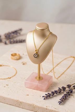 sezni Kadın Gold Zirkon Taşlı Nazar Boncuğu 14 Ayar Altın Kaplama Minimal Pir...