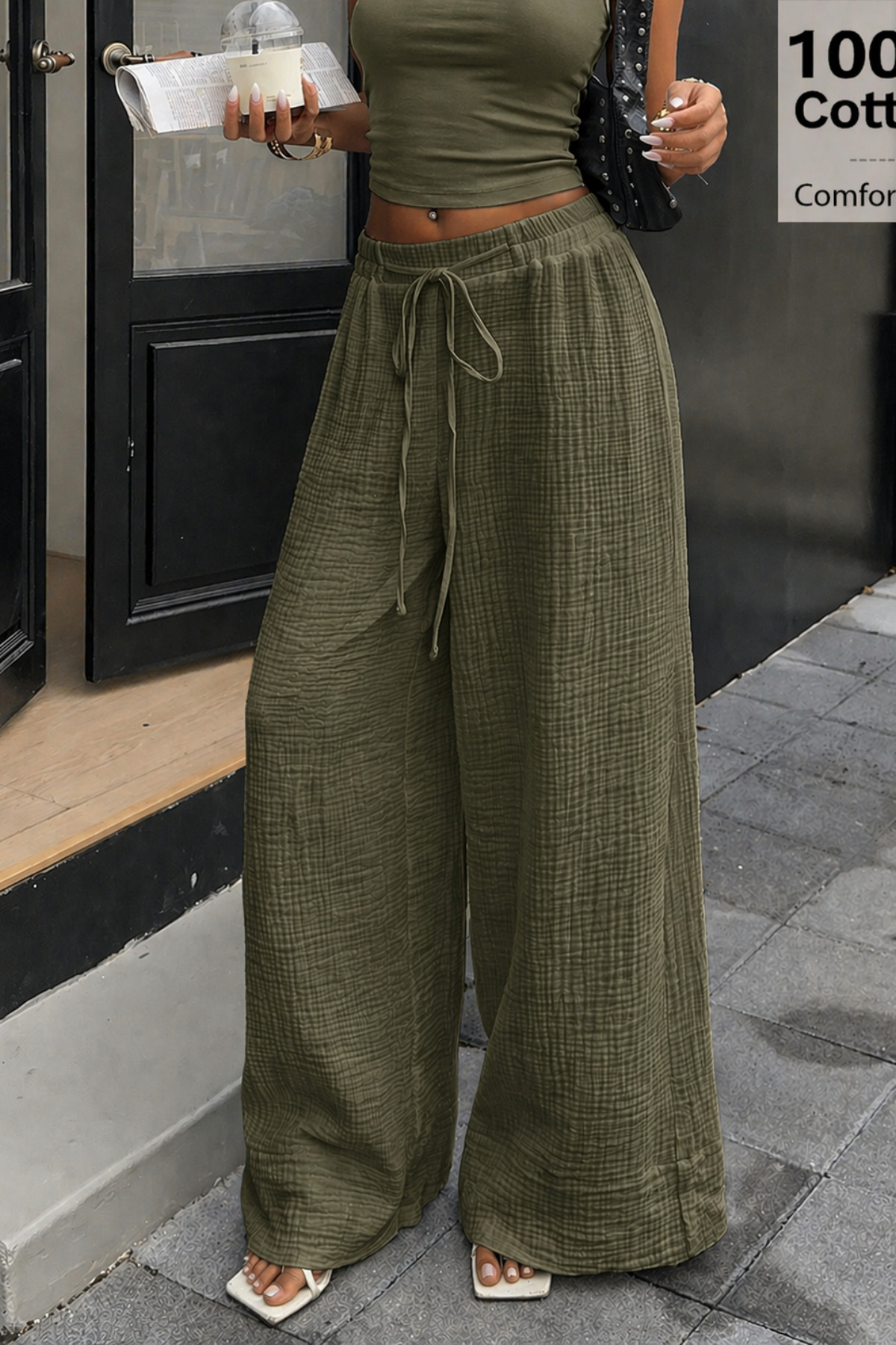 COOL TARZ  Kadın Müslin Bol Paça Pantolon Bel Lastikli Yazlık Pamuklu Pantolon