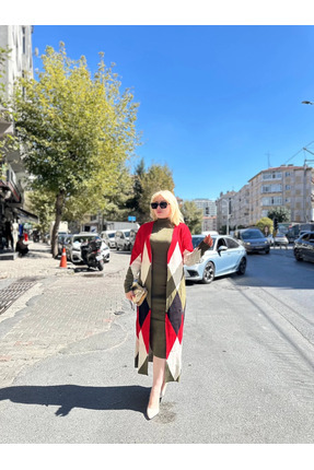 dymamstore Uzun hırka içi elbise ikili triko takım ekose baklava desen haki k...
