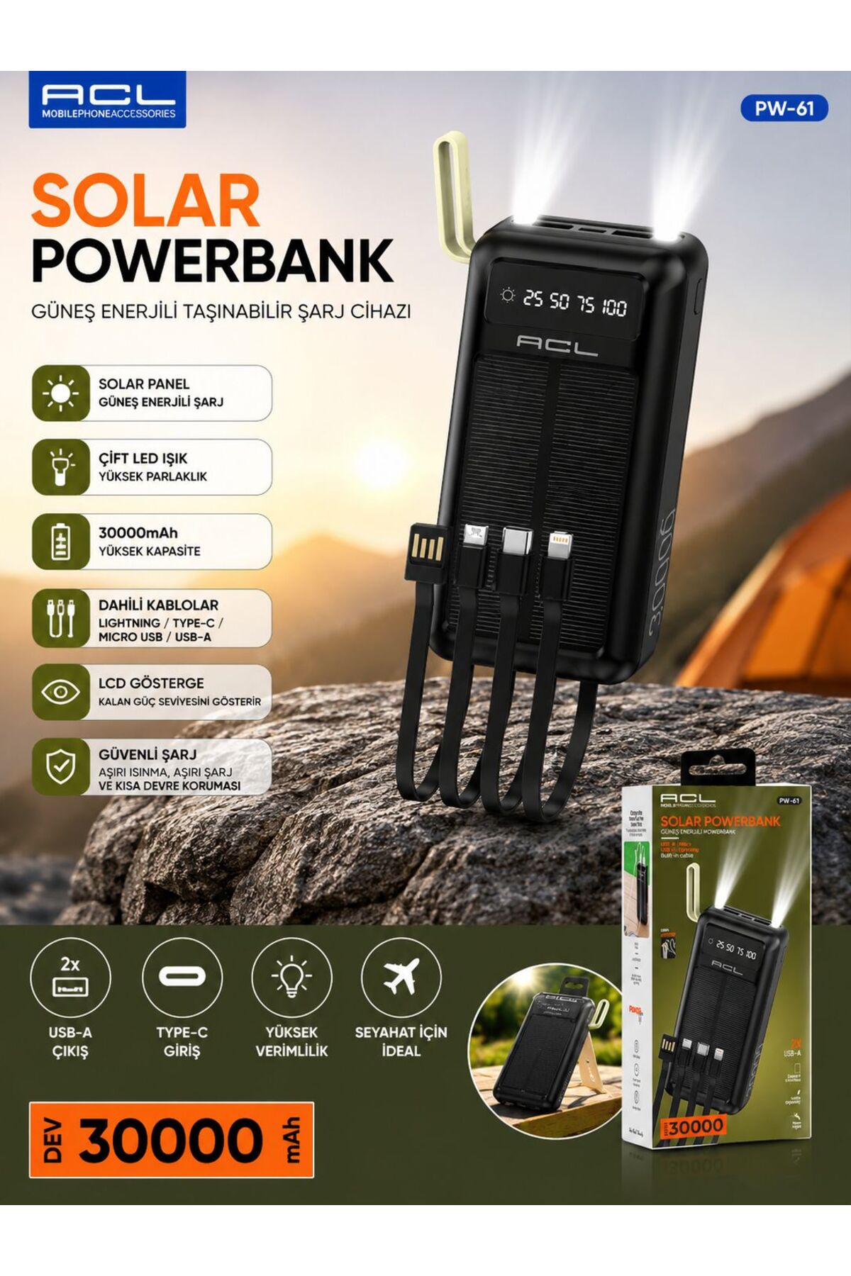 CeppStore ACL PW-61 30000 mAh Solar Powerbank Güneş Enerjili