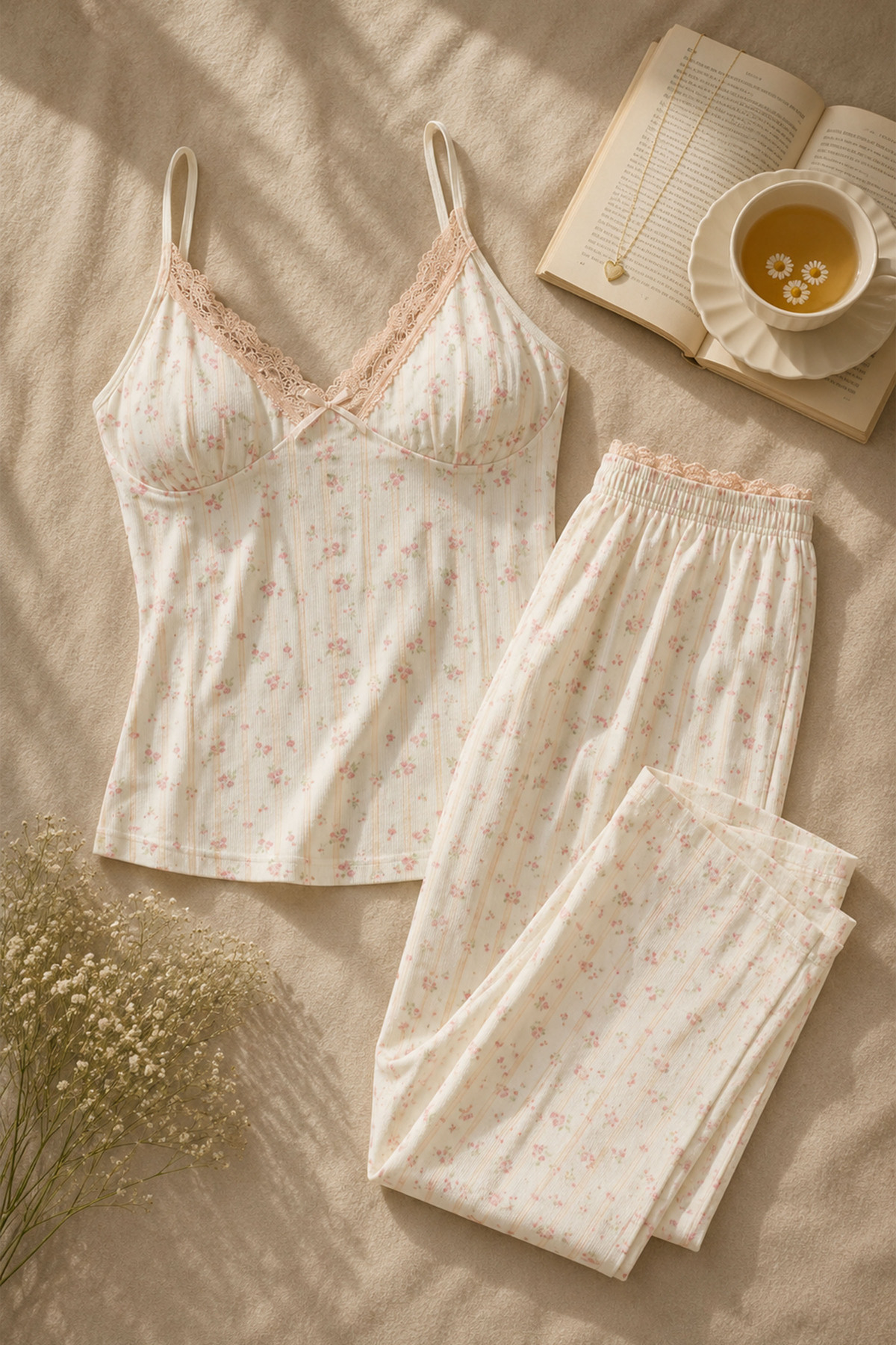 koza iç giyim Women's Cotton Covered Strappy Lace Pajama Set